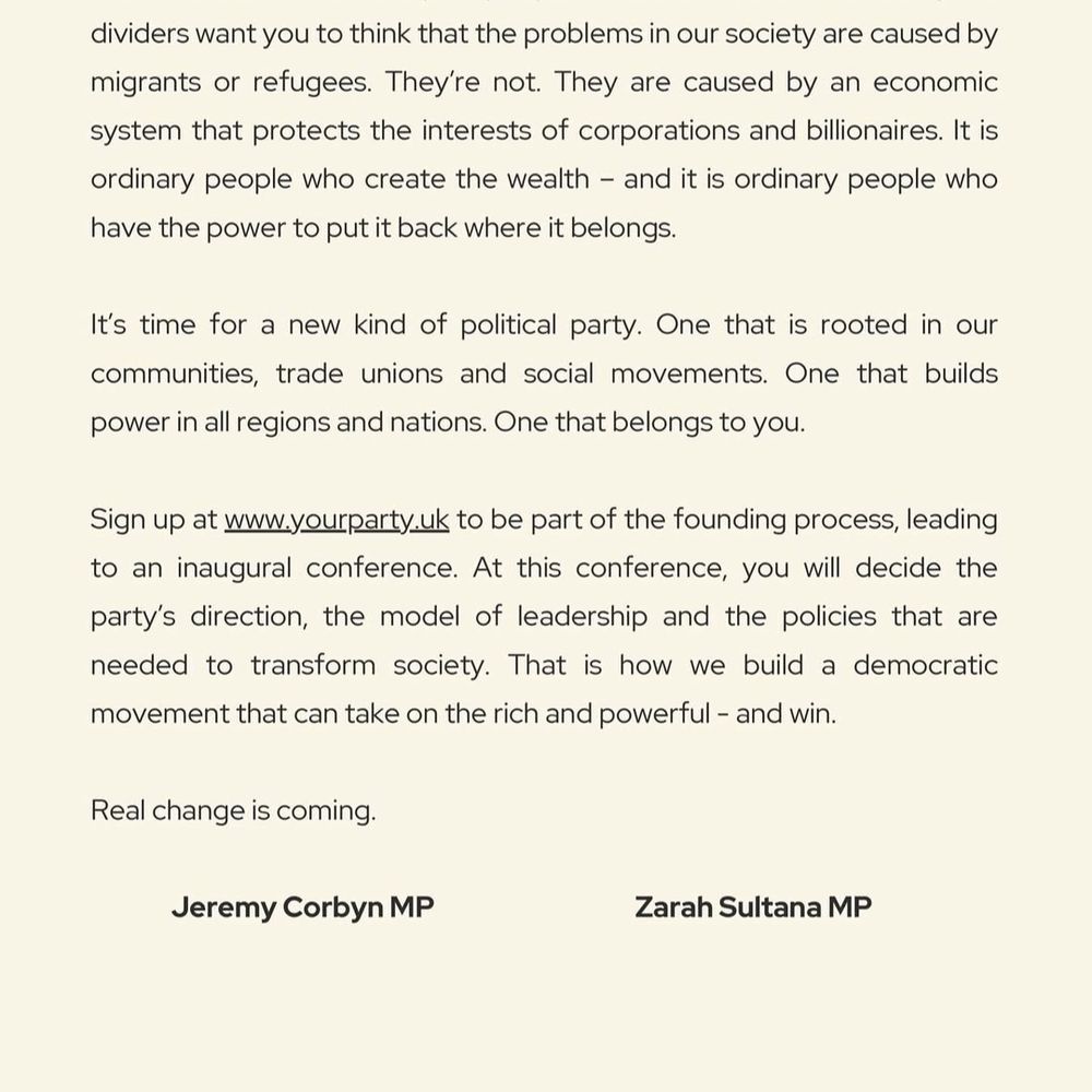 Towards a new leftist alternative. Sign up www.yourparty.uk