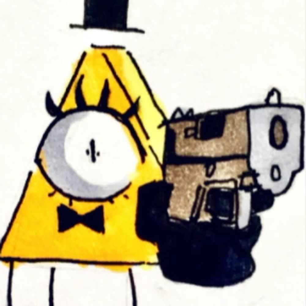 Bill Cipher with a gun but Bluesky