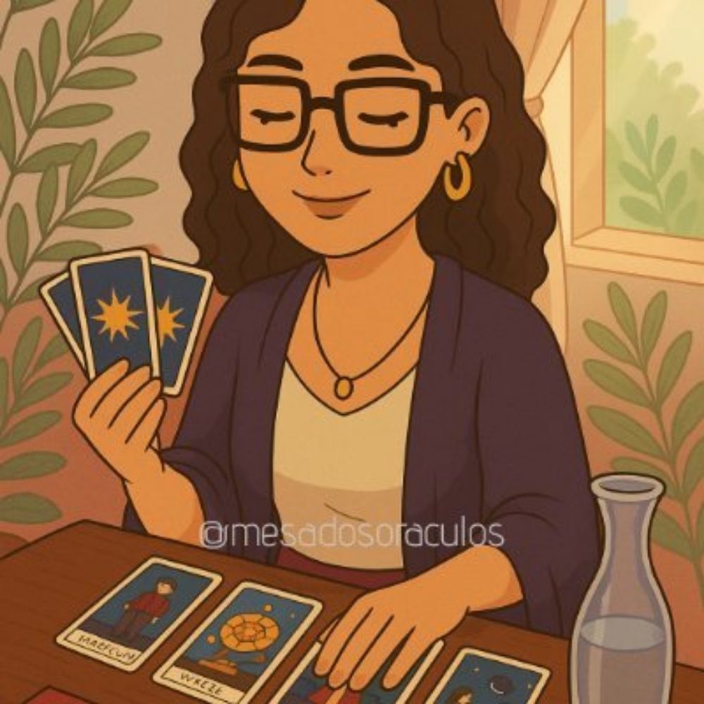 gabi, com a mesa de tarô aberta