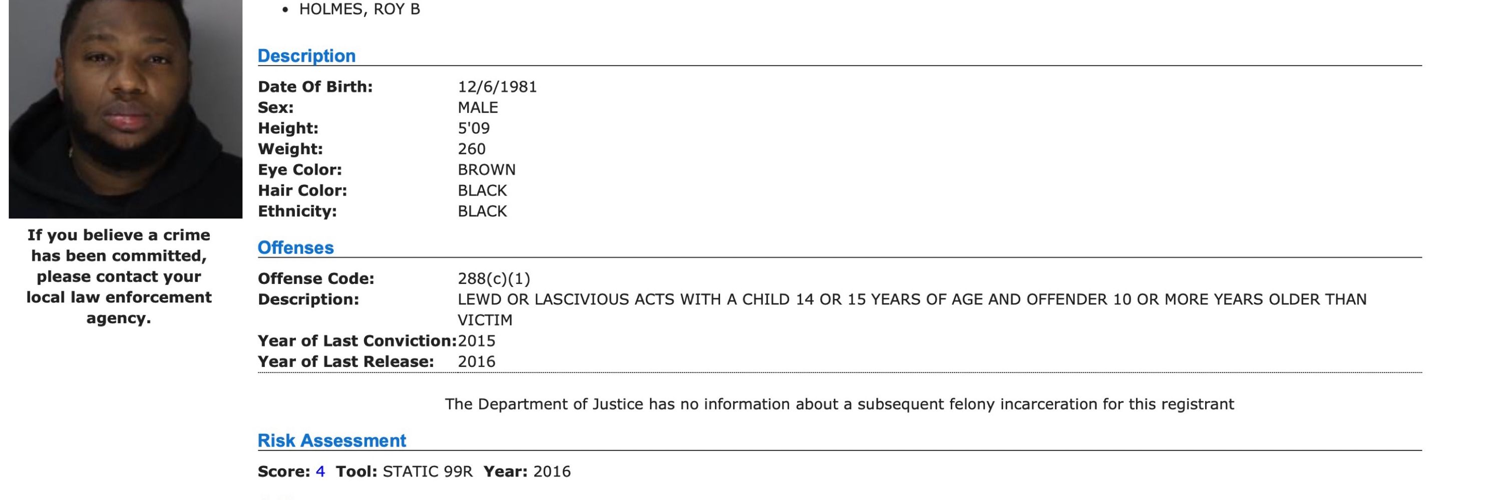 Roy B. Holmes is a Sex Offender