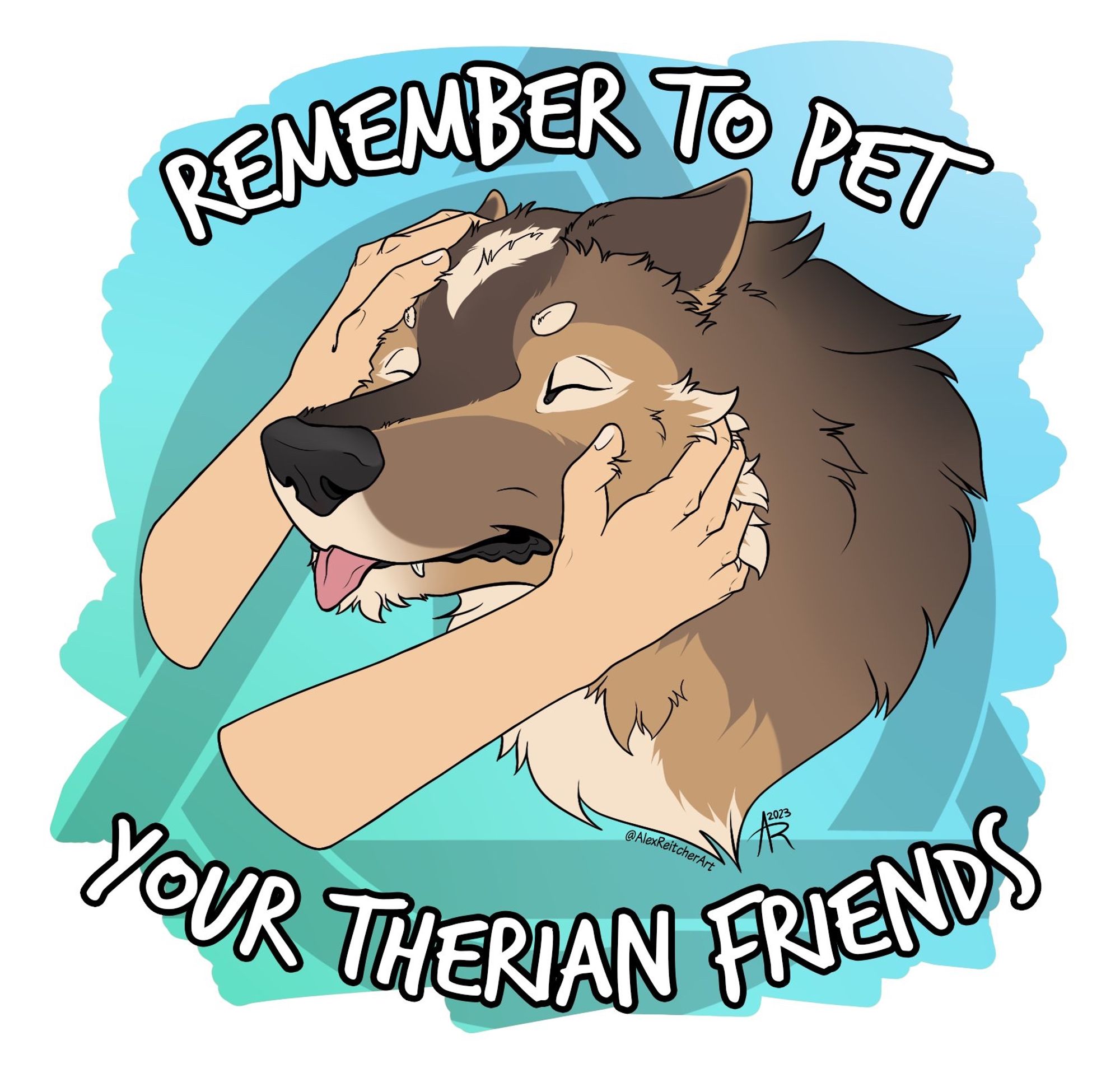 Image of a wolf receiving two-handed pets from what appears to be a human. Text reads: "Remember to pet your Therian friends" in a handwritten type.