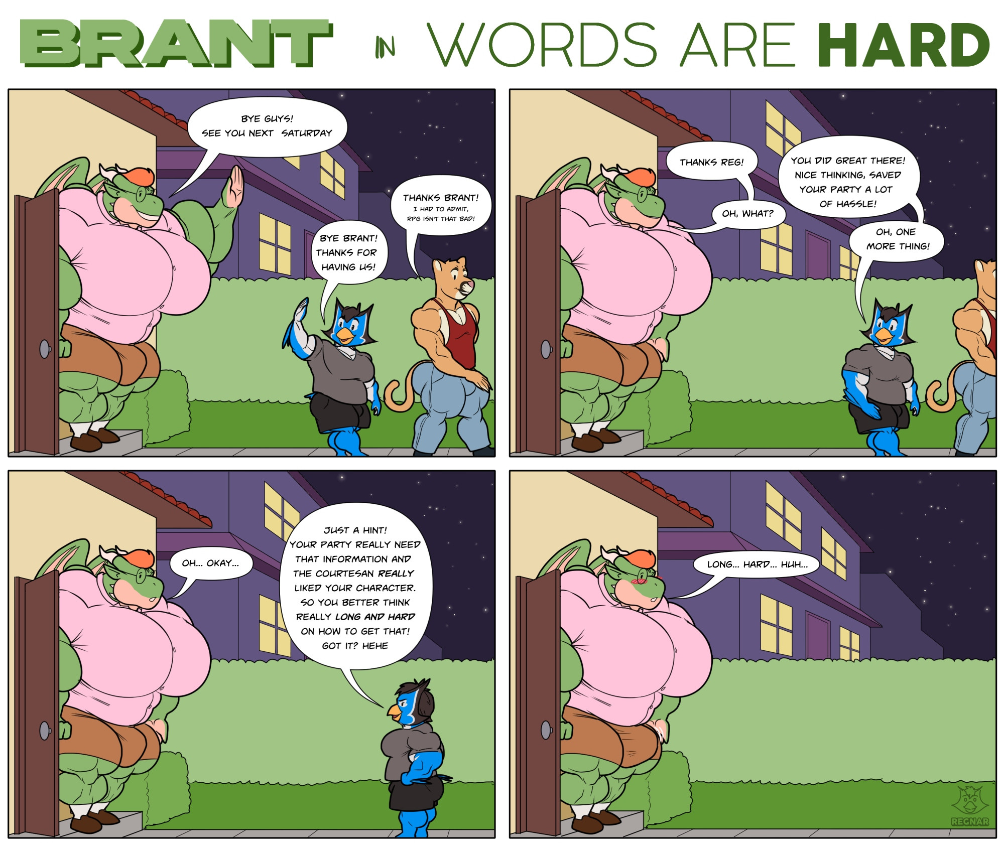 A mini comic of my OC dragon Brant, my fursona bird Regnar and my puma Finn after a RPG session saying their goodbyes and Regnar taunting Brant that somehow got too caught up by his words and makes a "little" tent between his legs. Rfurryart 