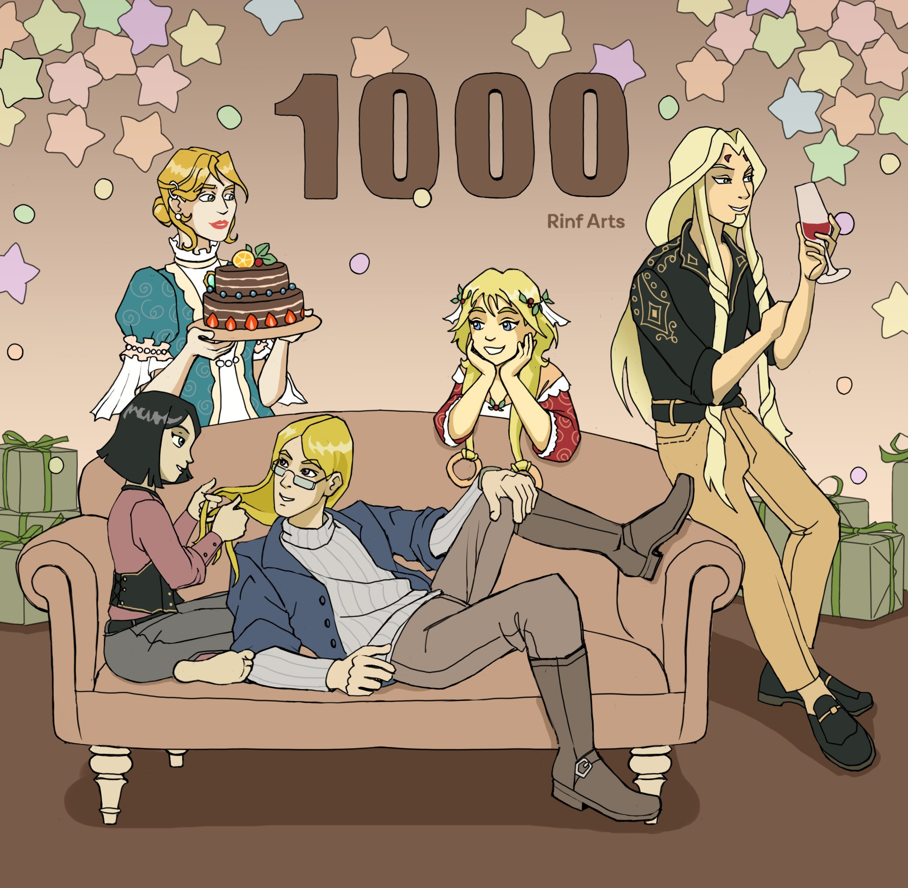 Art in honor of 1000 subscribers on the VK social network

In addition to the characters from the animated series "W.i.t.c.h.", my OC, Chimeris, is also present in the drawing. She is the great-grandmother of Phobos and Elyon