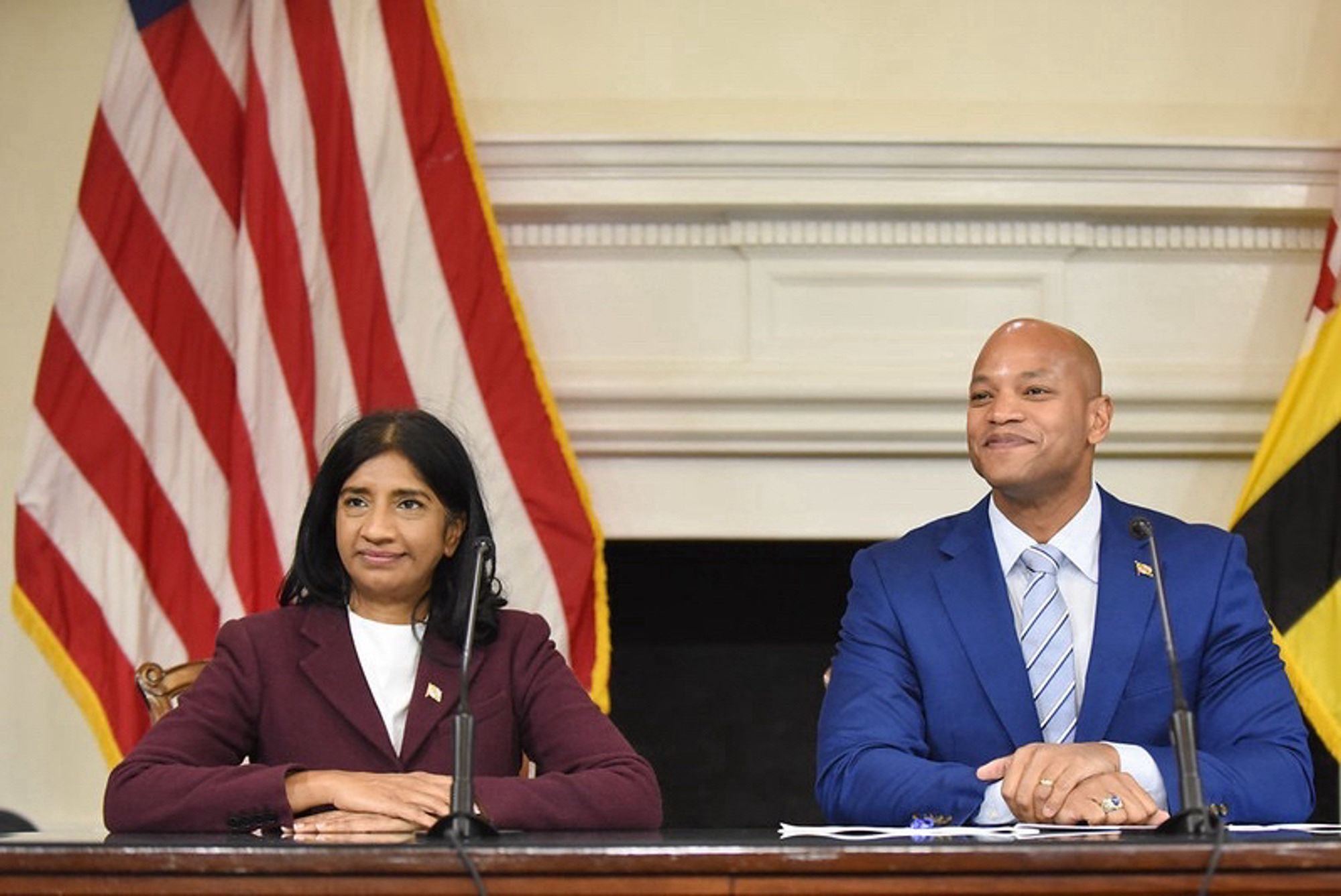 Lt. Governor Miller and Governor Wes Moore seated in Governor’s Reception Room