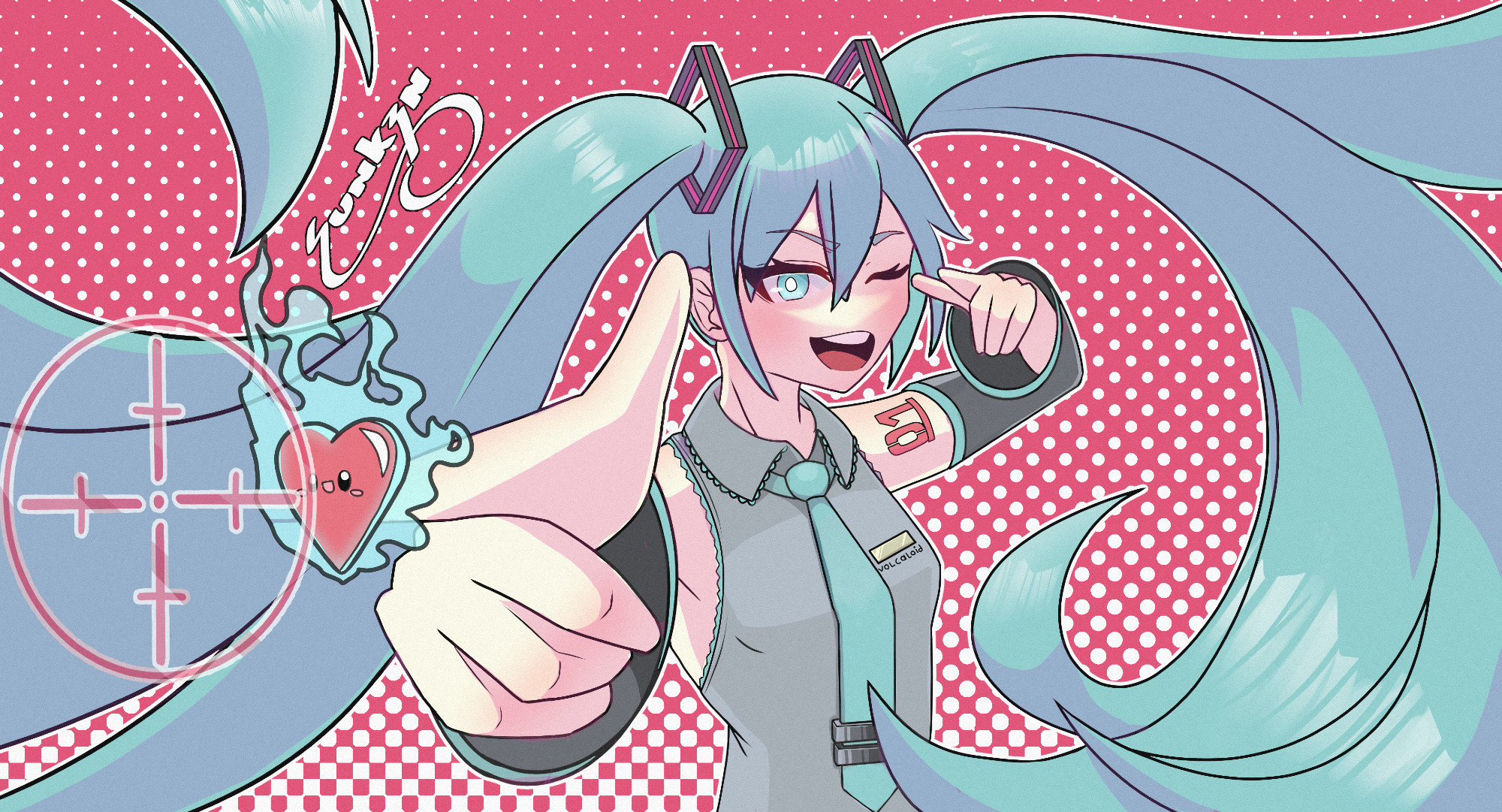 Hatsune Miku pointing finger guns aiming a cartoony heart.