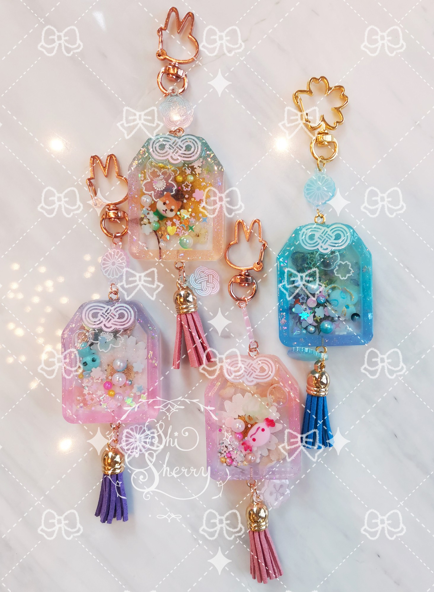 Omamori resin charms with handmade cute little minion from FFXIV