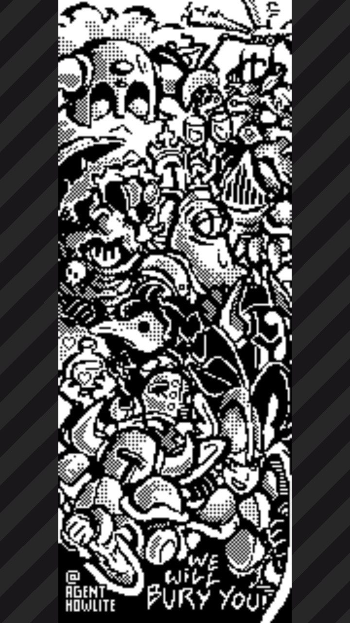 User-drawn pixel art from Splatoon 2 for the Knights vs Wizards splatfest in March 2019. It depicts all the major knights in Shovel Knight, including the Order of No Quarter antagonists. In the foreground are Shovel Knight and Shield Knight, behind the words "we will bury you". Above them is the diminutive Tinker Knight with a wrench. Behind him is Plague Knight (holding what appears to be a love potion in reference to his DLC campaign Plague of Shadows) and Black Knight. Above them is Specter Knight (scythe in hand) and Treasure Knight. Mole Knight appears slightly above them to the right. Flamboyant King Knight is to the left of Mole, sharing a toast (pinky out!) with Propeller Knight as he flies above the crowd. The large and stoic Polar Knight stands above occupying the entire upper left corner.

11 characters total drawn by hand on a 320x120 pixel canvas. I was a different person in 2019.