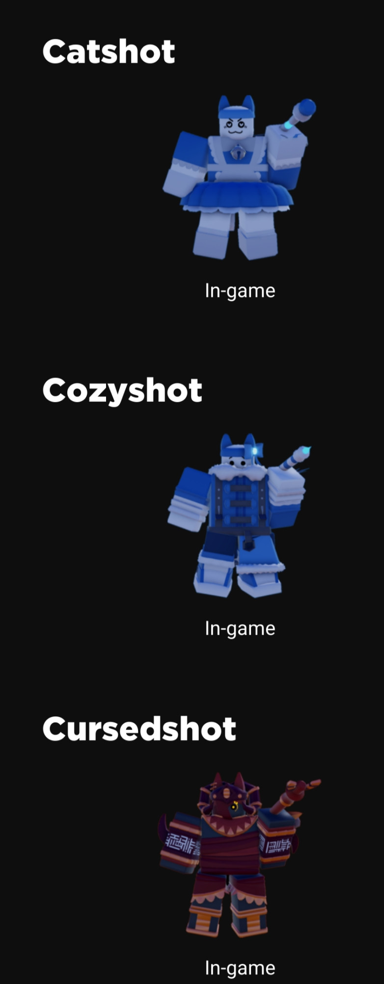 list of 3 slingshot skins; catshot, cozyshot, cursedshot