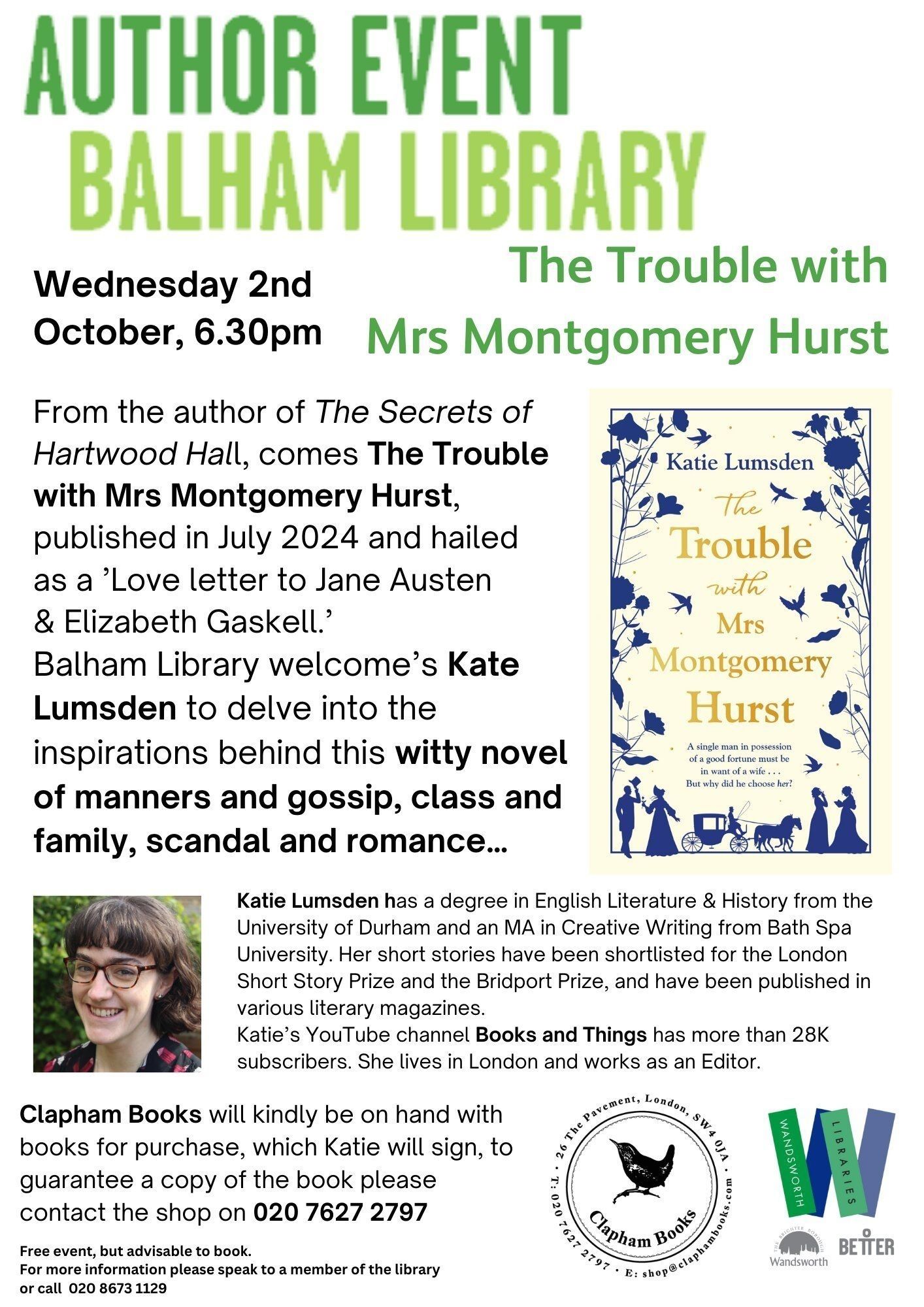 Poster for Katie Lumsden author event at Balham Library, on Wednesday 2 October at 6 30pm
You can contact Clapham Books to purchase a copy for Katie to sign at the event.