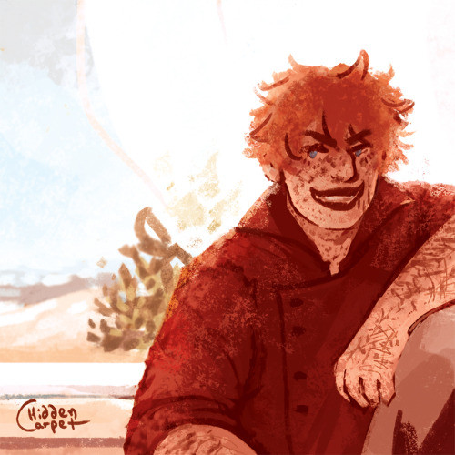 [ID: Genshin Impact fanart. an orange toned digital artwork depicting Childe in his red shirt. He’s grinning at the viewer from the frame of a window behind him. The background behind him consists of a light white curtain flowing in the wind and a beach outside. End ID]