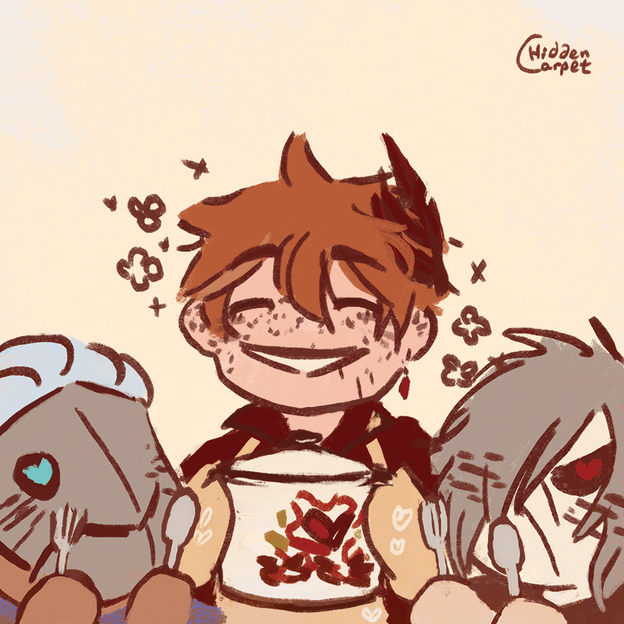 [ID: Genshin Impact fanart. A warm colored chibi doodle depicting Childe Tartaglia with two fatui skirmishers, cryo and pyro. Childe is in a red shirt and a beige apron with two oven gloves embroidered with white hearts. He holds a white enamel pot with flower decoration. The skirmishers are expectantly holding onto cutlery and lovingly looking up at Childe from both of his sides. Childe smiles sheepishly to the viewer and his underlings. The background is beige. /End ID]