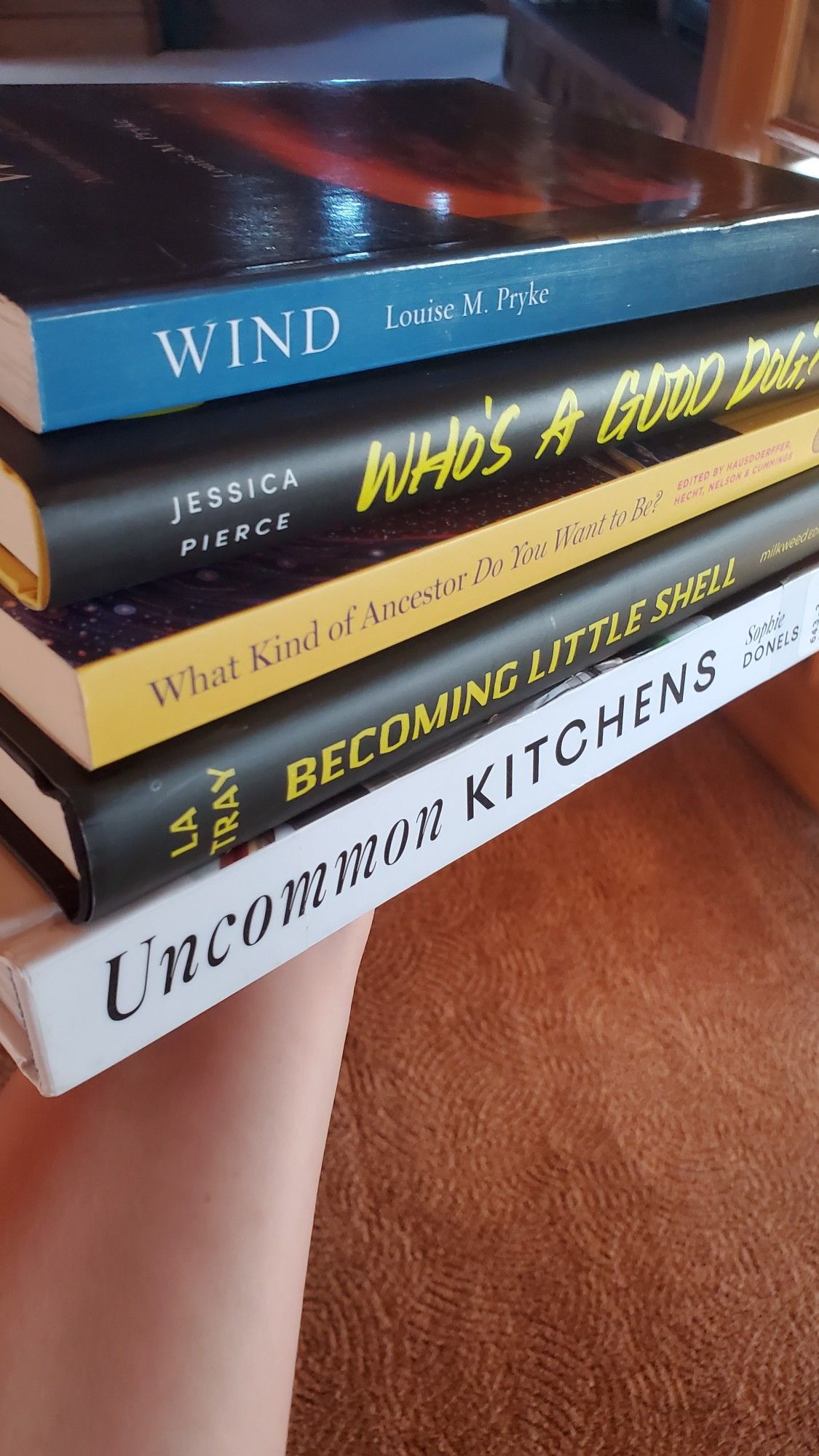 Stack of books held by a hand. Titles include WIND: NATURE AND CULTURE, WHO'S A GOOD DOG?!, WHAT KIND OF ANCESTOR DO YOU WANT TO BE?, BECOMING LITTLE SHELL, UNCOMMON KITCHENS.