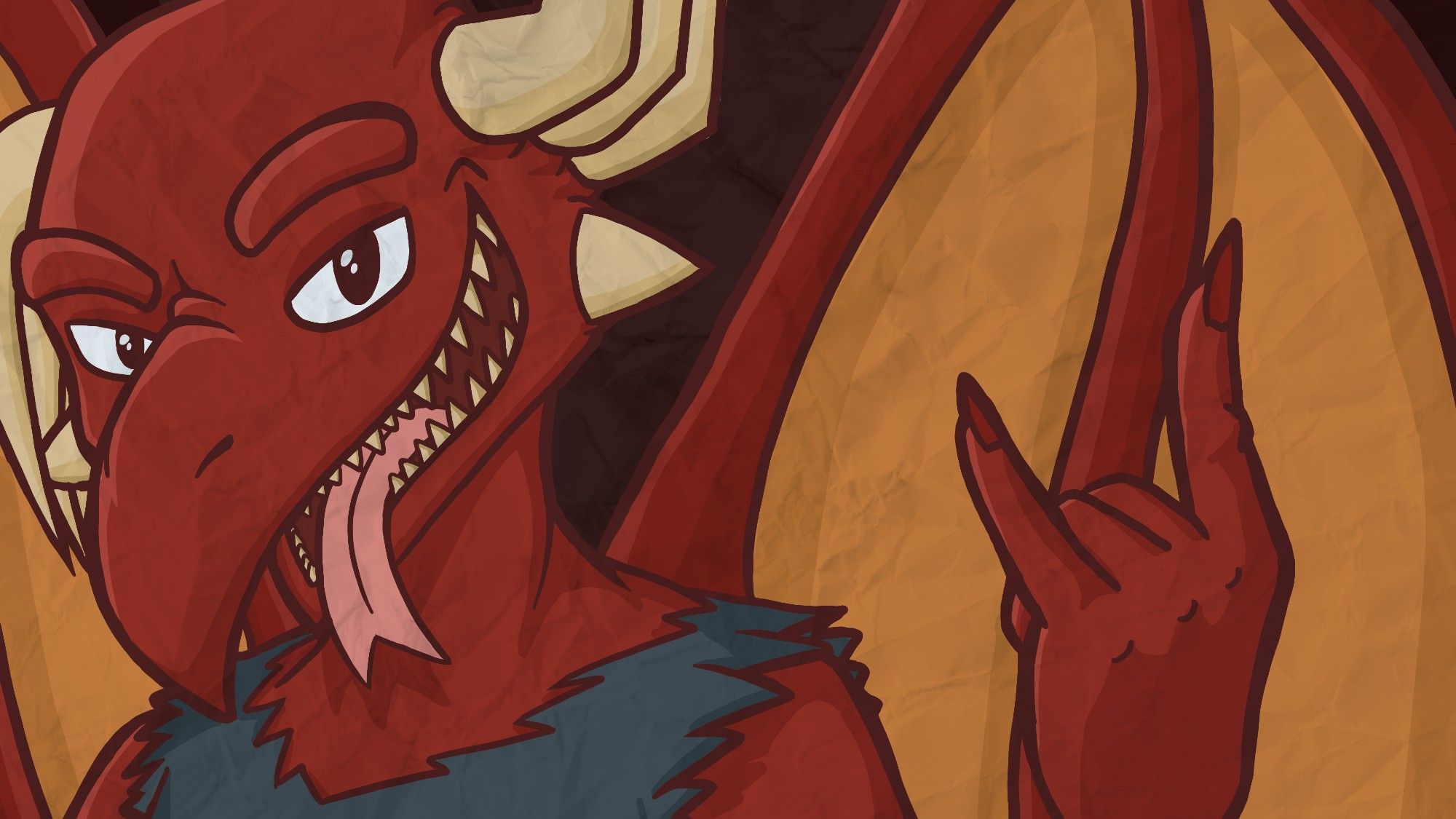 A close up of the Dragoness character "Shred" holding up metal horns with her tongue out