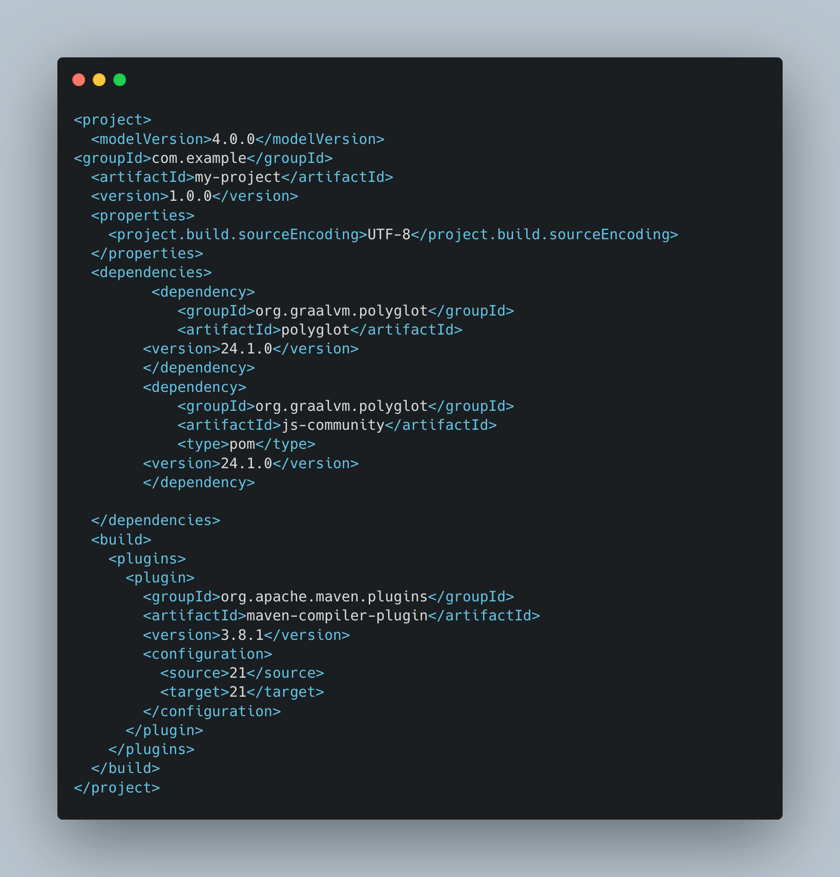 <project>
  <modelVersion>4.0.0</modelVersion>
<groupId>com.example</groupId>
  <artifactId>my-project</artifactId>
  <version>1.0.0</version>
  <properties>
    <project.build.sourceEncoding>UTF-8</project.build.sourceEncoding>
  </properties>
  <dependencies>
         <dependency>
            <groupId>org.graalvm.polyglot</groupId>
            <artifactId>polyglot</artifactId>
	    <version>24.1.0</version>
        </dependency>
        <dependency>
            <groupId>org.graalvm.polyglot</groupId>
            <artifactId>js-community</artifactId>
            <type>pom</type>
	    <version>24.1.0</version>
        </dependency>

  </dependencies>
  <build>
    <plugins>
      <plugin>
        <groupId>org.apache.maven.plugins</groupId>
        <artifactId>maven-compiler-plugin</artifactId>
        <version>3.8.1</version>
        <configuration>
          <source>21</source>
          <target>21</target>
        </configuration>
      </plugin>
    </plugins>
  </build>
</project>