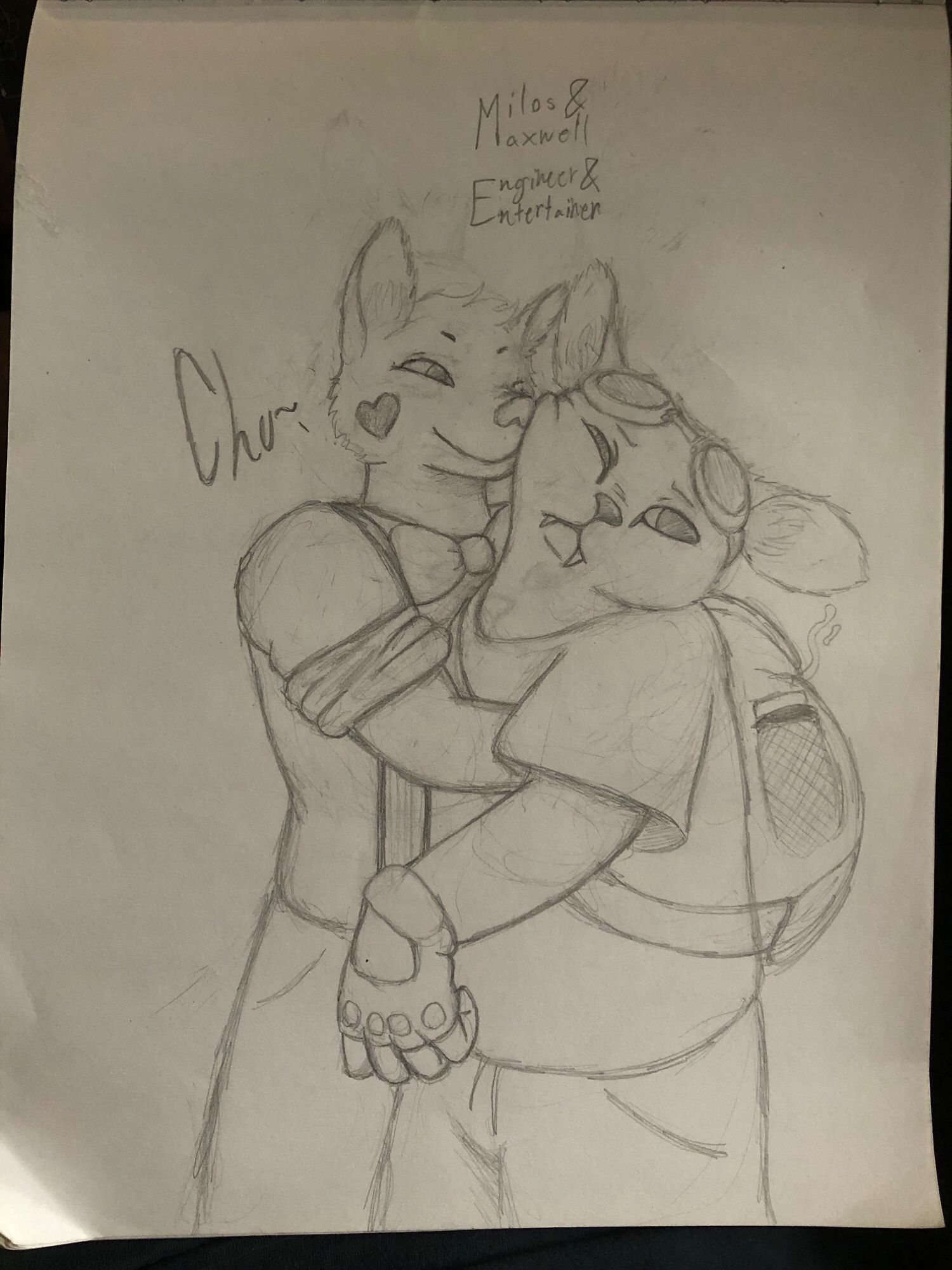 Two anthropomorphic characters 
One is an engineer with depression named Milos 
Also he’s a muntjac

The other is a clown named Maxwell
He’s a fox

The fox is smiling and kissing the the Muntjac’s face affectionately with an onomatopoeia of the word
“Chu~” on it and the characters names and occupations listed in small written text

The image is traditionally drawn