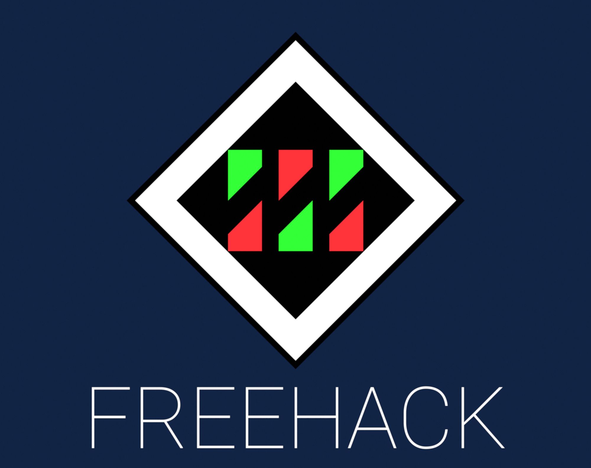 A logo consisting of three bars split into green and red sections inside a white diamond and the word FREEHACK.