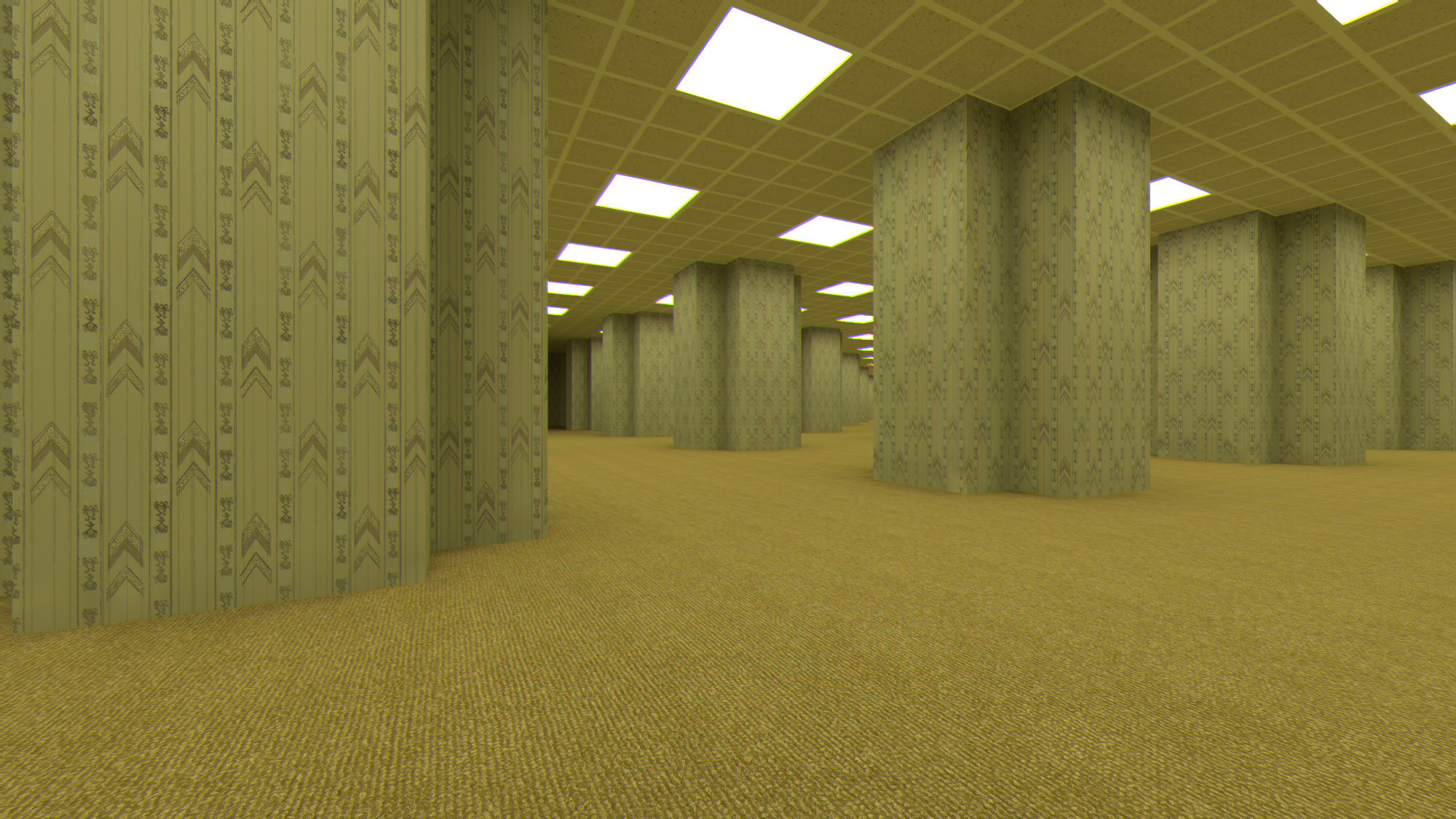 A 3D render of the classic Backrooms environment.