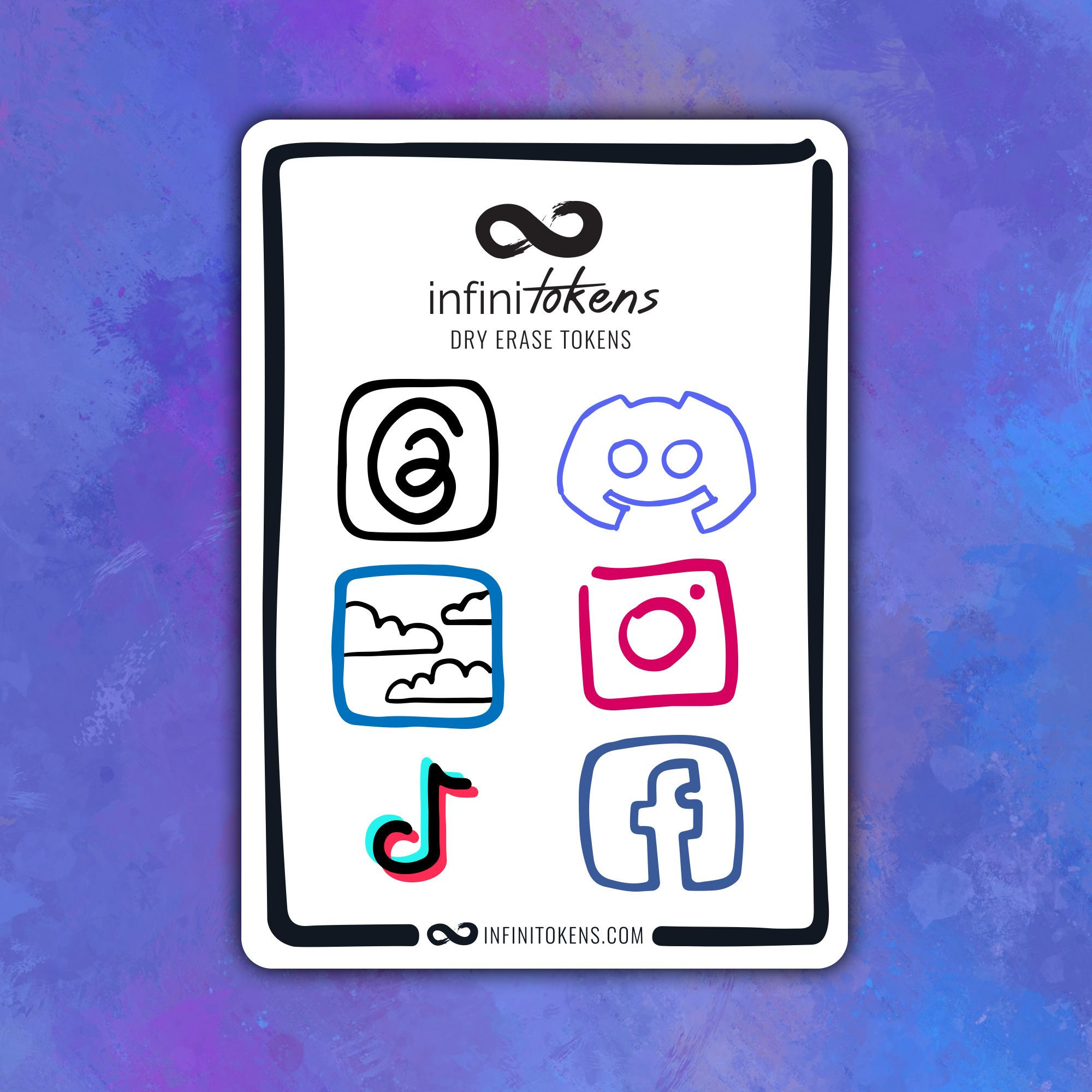 A graphic of an InfiniTokens dry erase token with the logo and various social media icons including Threads, Discord, Bluesky, Instagram, TikTok and Facebook.