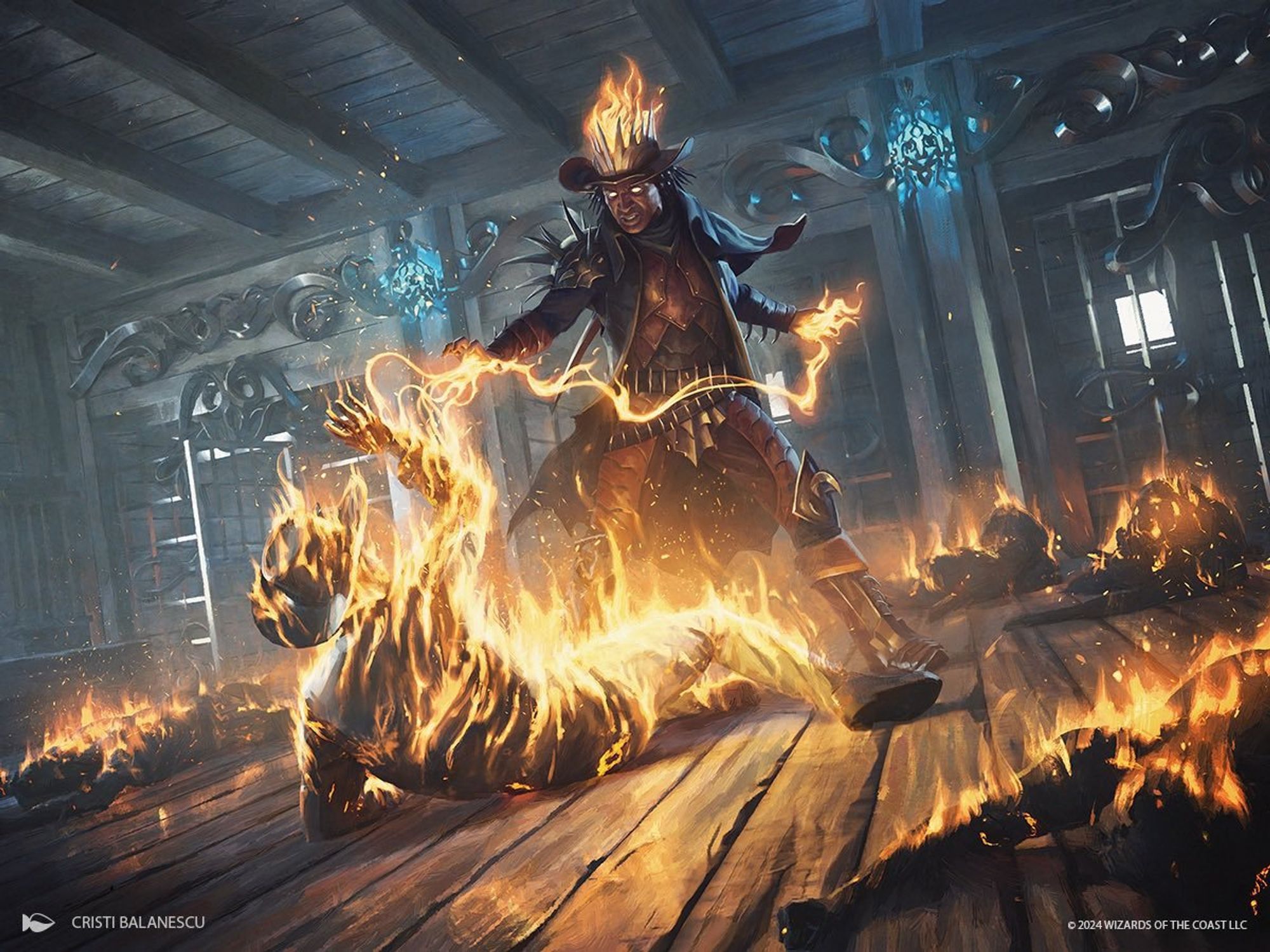 Magic art of Oko burning a figure on the floor.