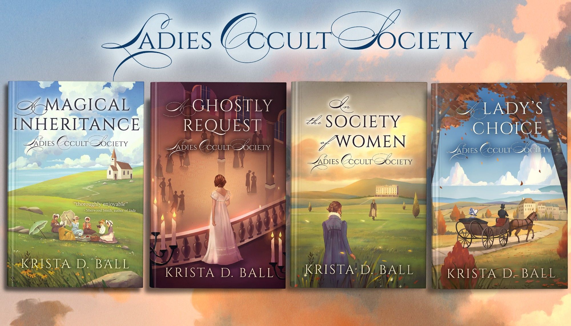 Ladies Occult Society spread of all 4 books, Regency-themed.