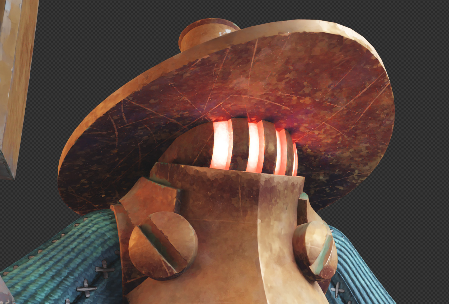 A closeup of the Copper Golem. The interior shines out of it's grilled faces, lighting up the underneath of it's wide brimmed copper hat.