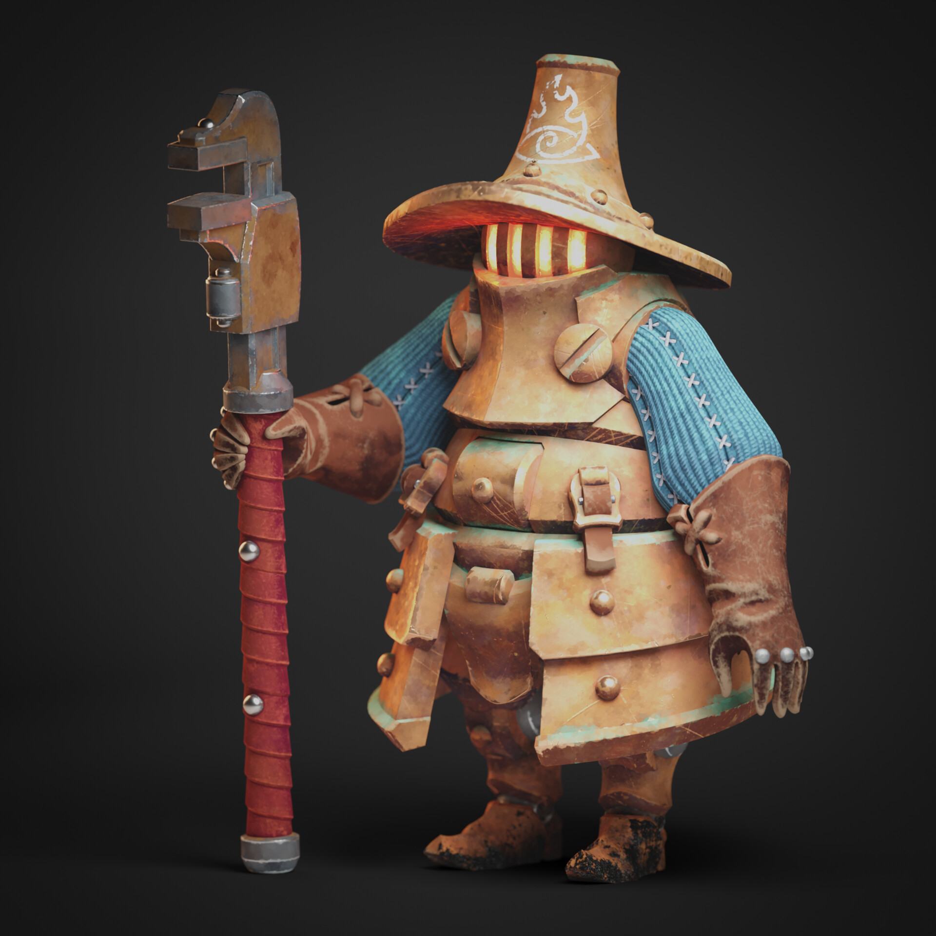 A small teardrop shaped copper golem, He's got a nice hat and a big wrench.