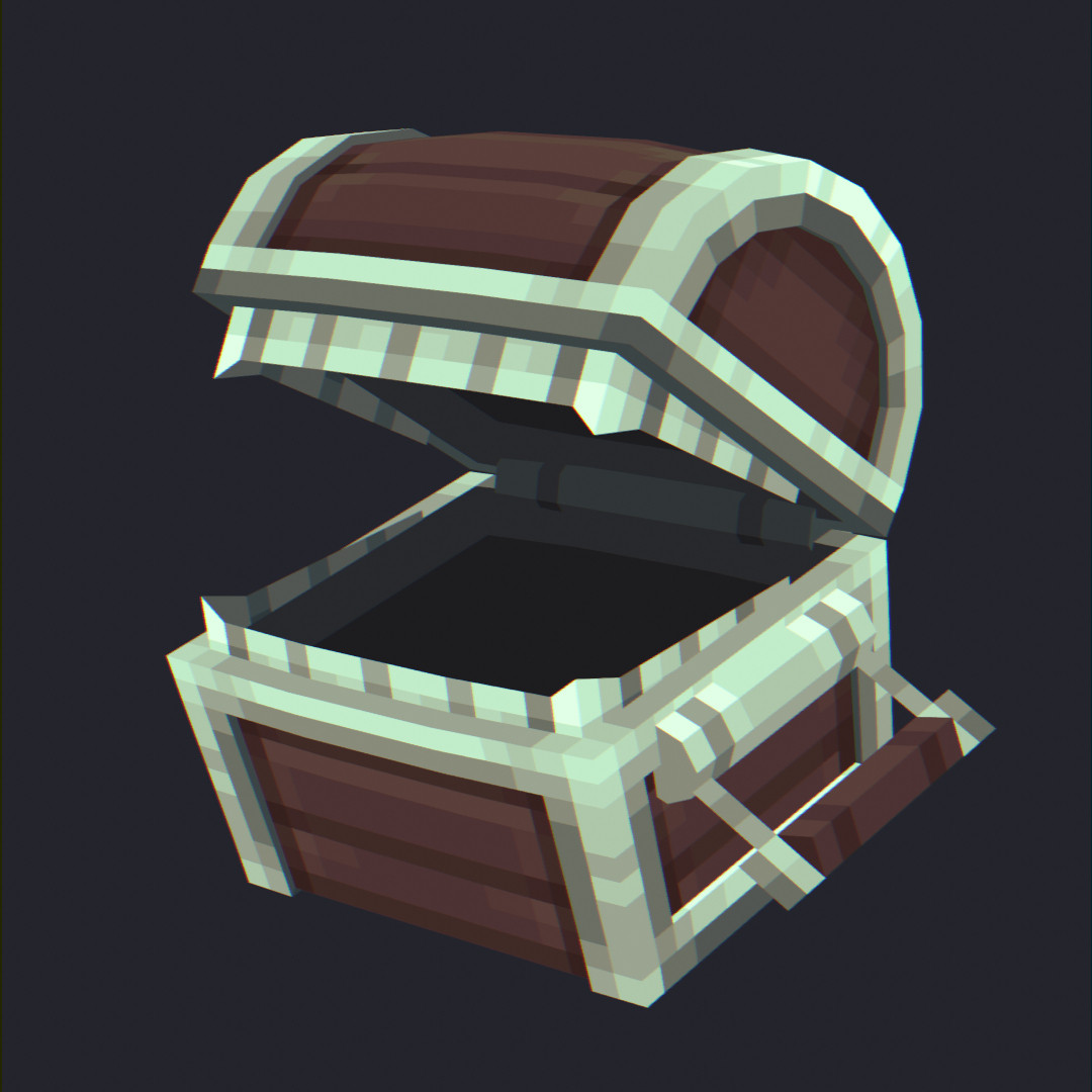 A chest revealing itself to be a Mimic. Rendered in Pixel art over a 3D model.