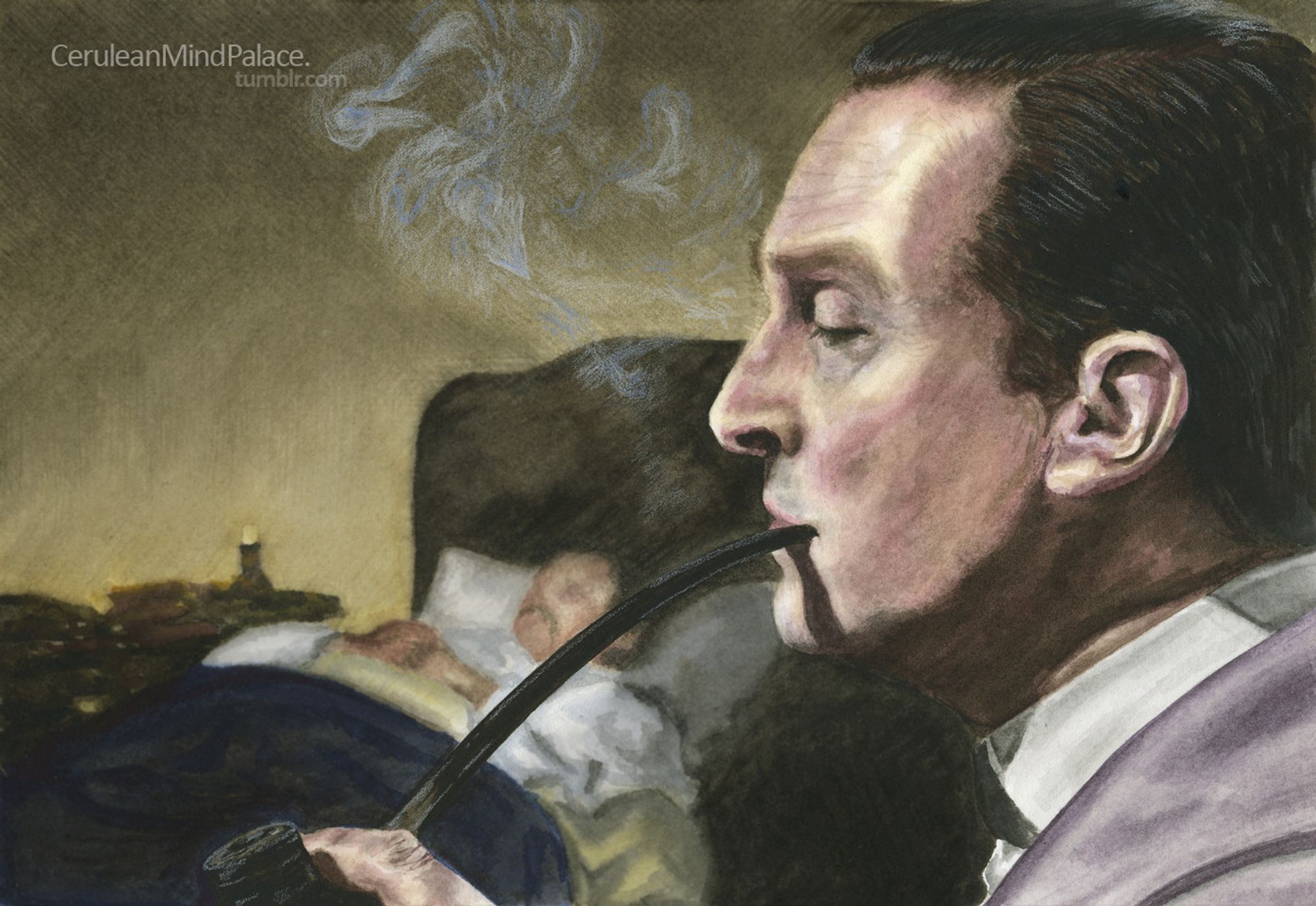 Watercolour of Jeremy Brett's Sherlock Holmes smoking a pipe while Watson is sleeping in a bed in the background.