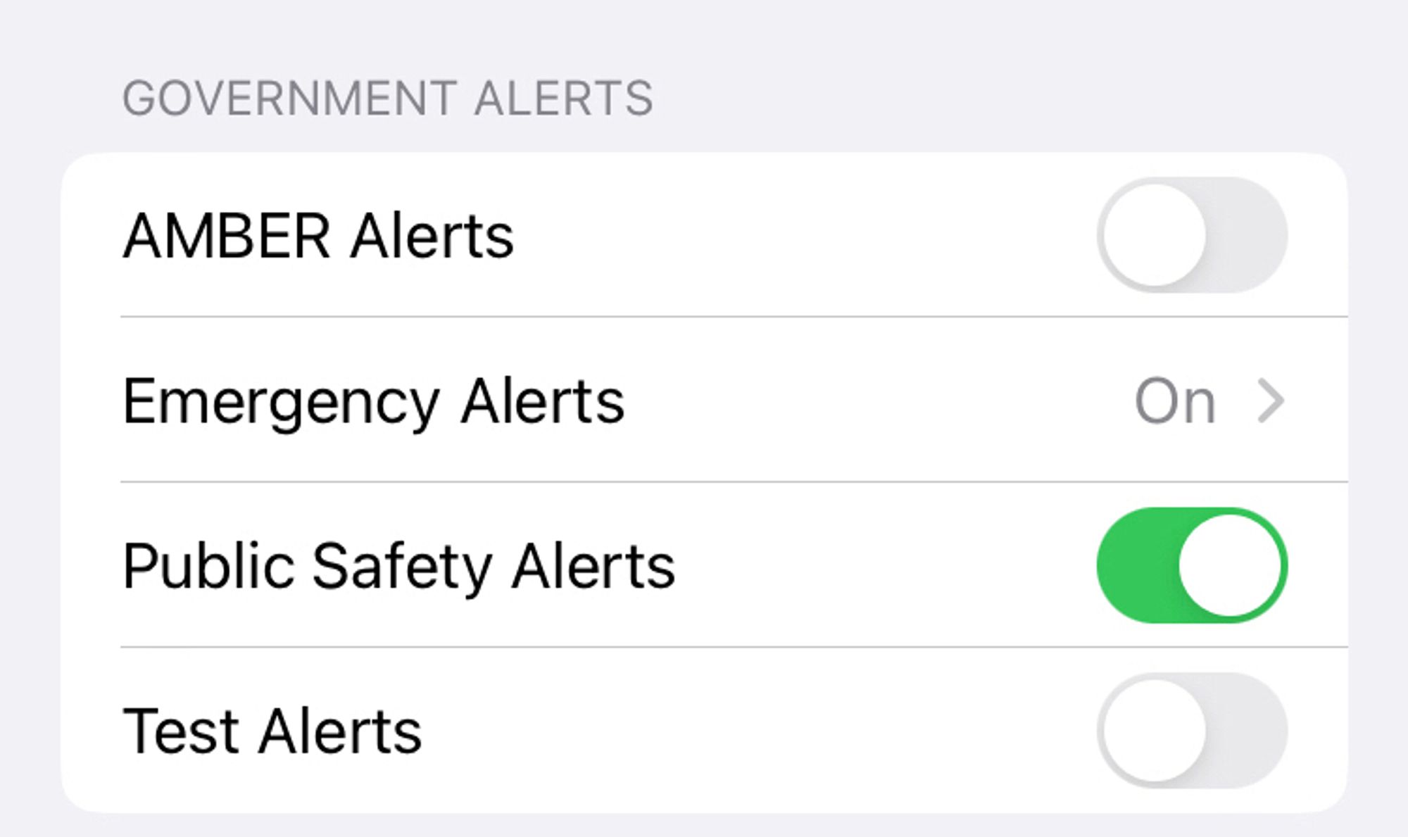 Screenshot of government alerts menu on iphone