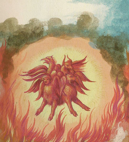 a medieval draawing of the Four Living Creatures from the Book of Revelation and Ezekiel.  For whatever reason they have all been kind of squashed together into one thing, a mass of wings and hooves with the four heads of an eagle, an ox, a lion, and a man.  Not present - the eyes that they are normally covered with.