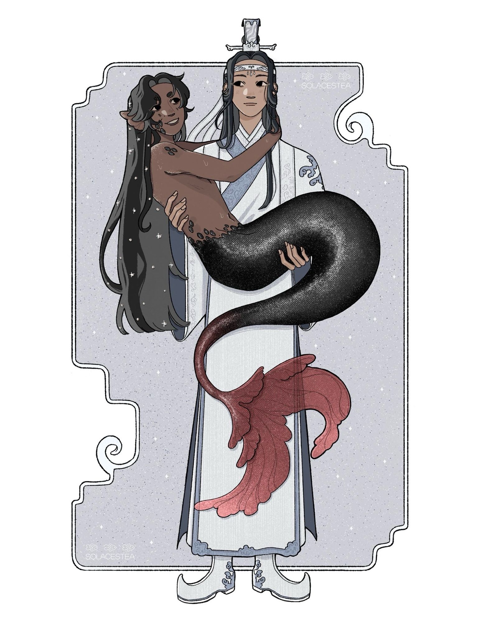 coloured wangxian fanart in which lan wangji is princess-carrying mermaid wei wuxian.