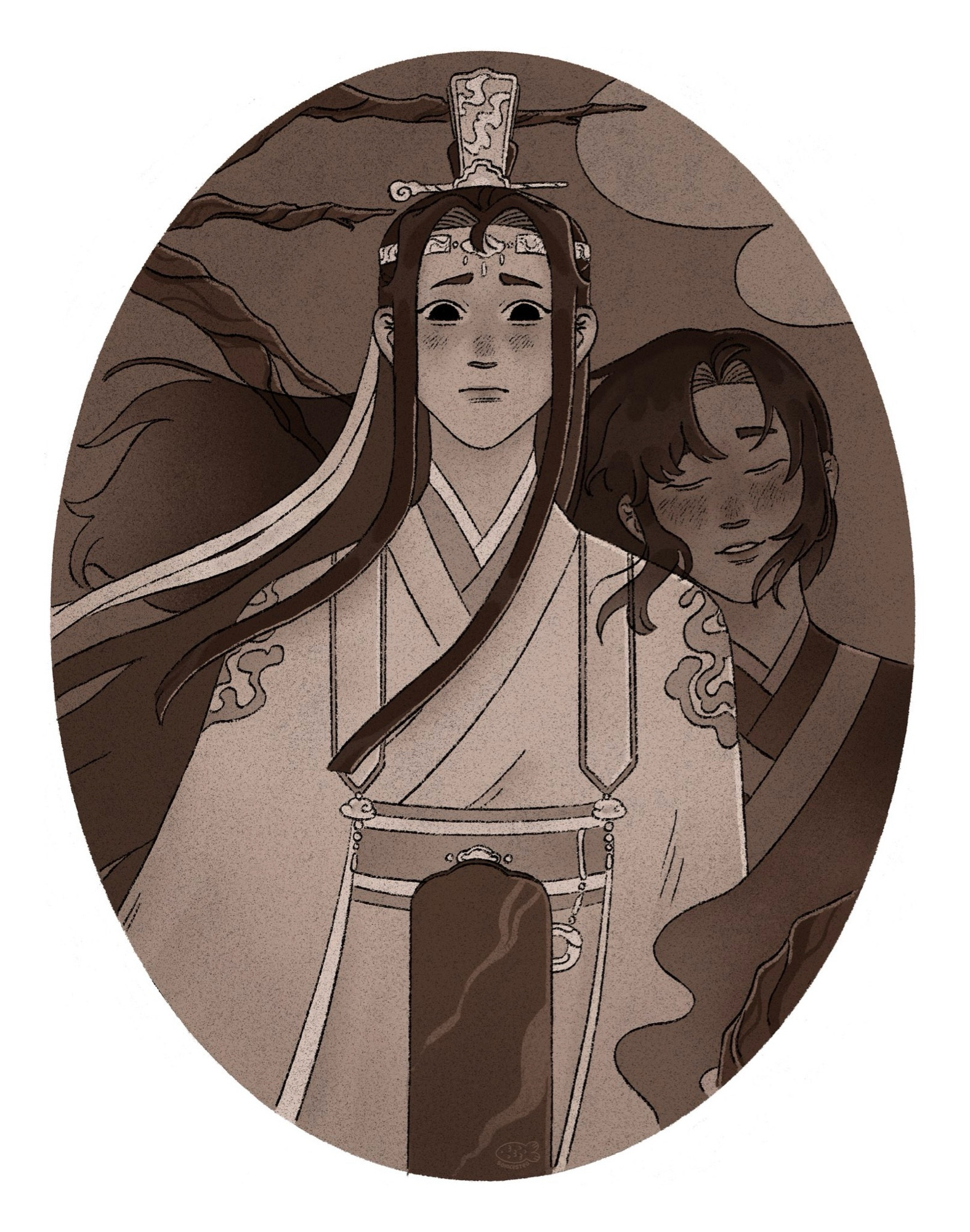 oval-shaped wangxian fanart in shades of brown. lwj, at the center, is looking at wwx’s grave tablet while wwx, as a ghost, leans on his shoulder with a gentle smile on his lips. on the background there are some tree branches.