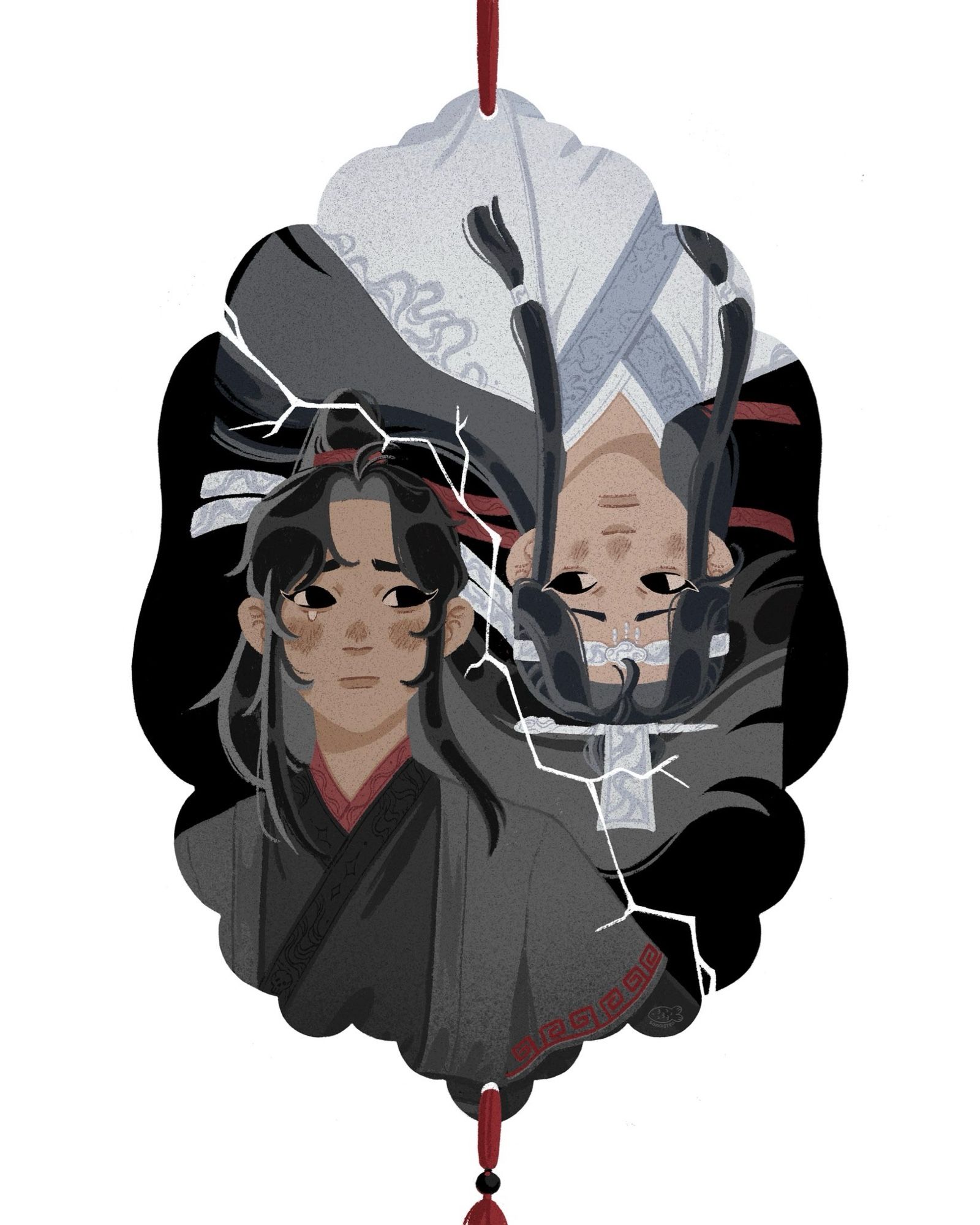 on this other side of the tiger tally, now broken in half, wei wuxian and lan wangji stare at each other with heavy expressions.