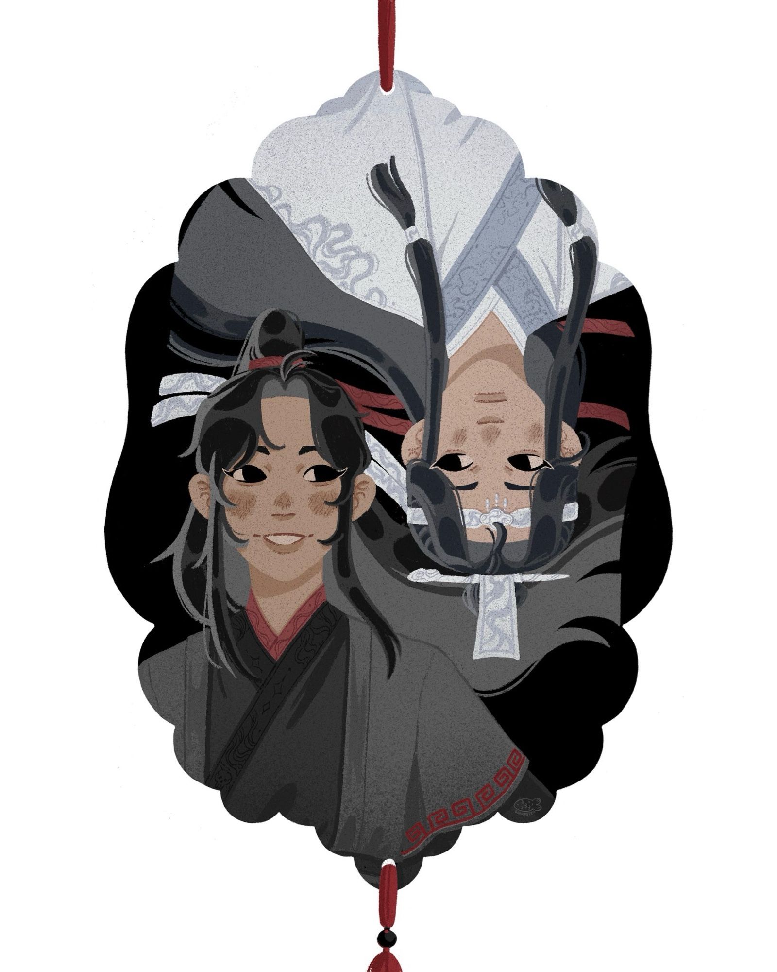 coloured piece vaguely inspired by the shape of the yin tiger tally. inside the tiger tally, wei wuxian and lan wangji are looking at each other. wei wuxian smiles at lan wangji, while the latter has a slight soft expression on his face.