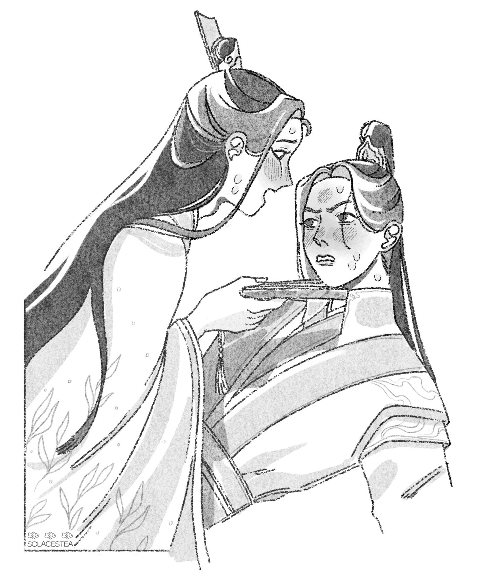 quick liushen sketch of them blushing. sqq is on top of lqg holding his chin up with his fan.