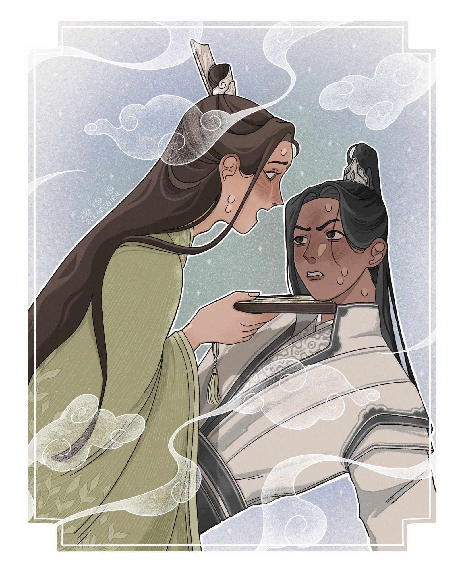 coloured liushen fanart of them blushing. sqq is on top of lqg, holding his chin up with his fan.