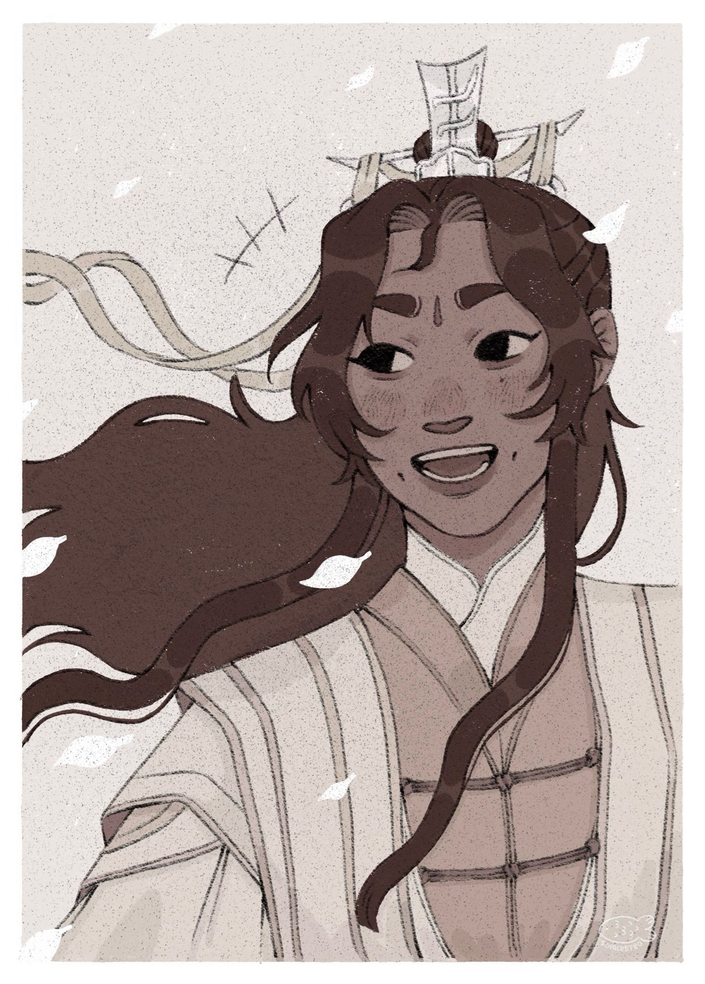 a portrait of shi qingxuan, a character in the danmei novel "heaven official's blessing" in tones of brown and white. he's smiling towards his right while his hair and hair ornament flutter with the wind along with the leaves and petals. there are two dimples on his cheeks and a mole under his left eye.