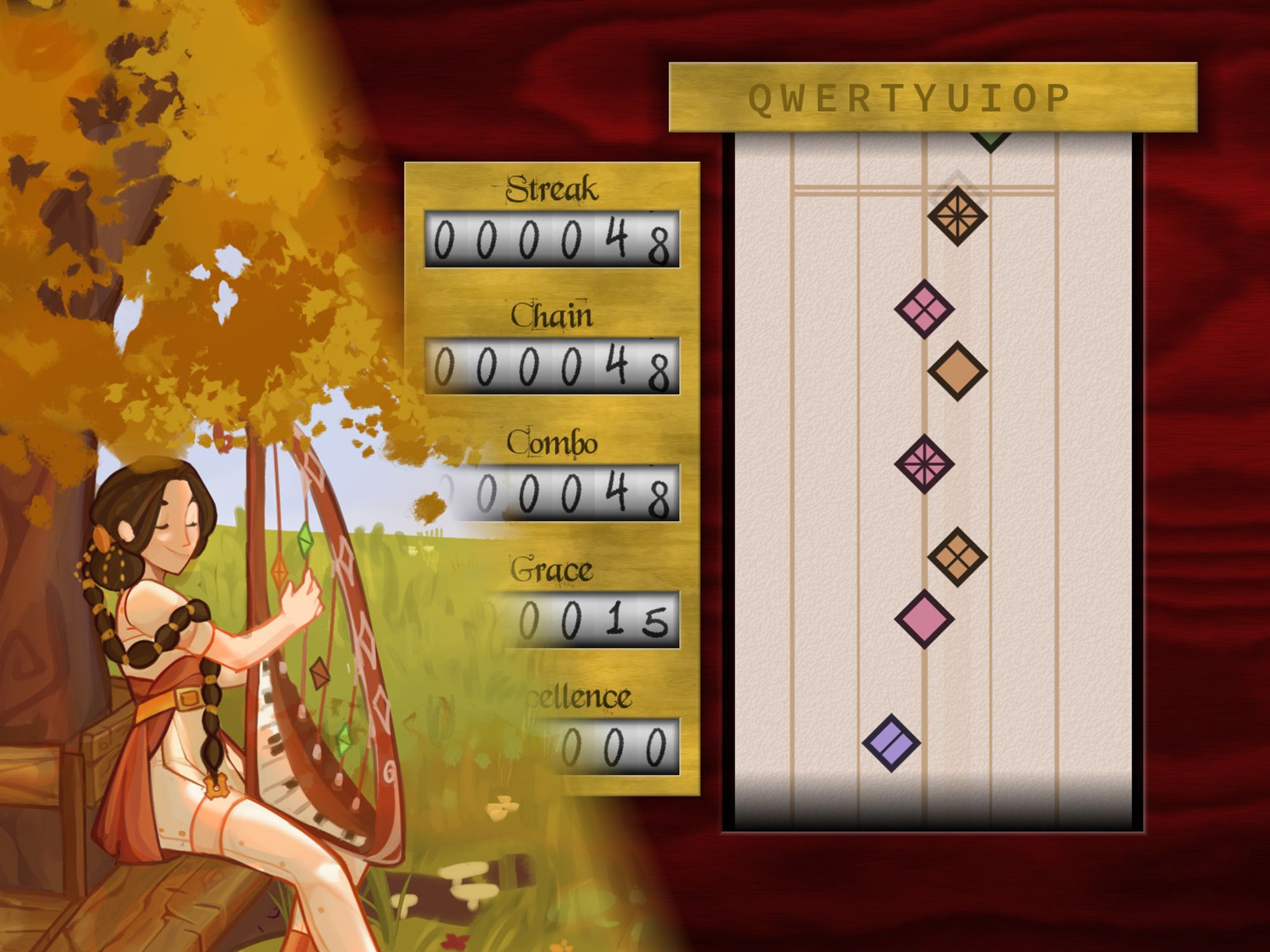 On the left, Elody plays the orphica, a mixture of a harp and a piano, under an autumn tree. On the right, gameplay from EternAlgoRhythm shows someone about to drop a combo.