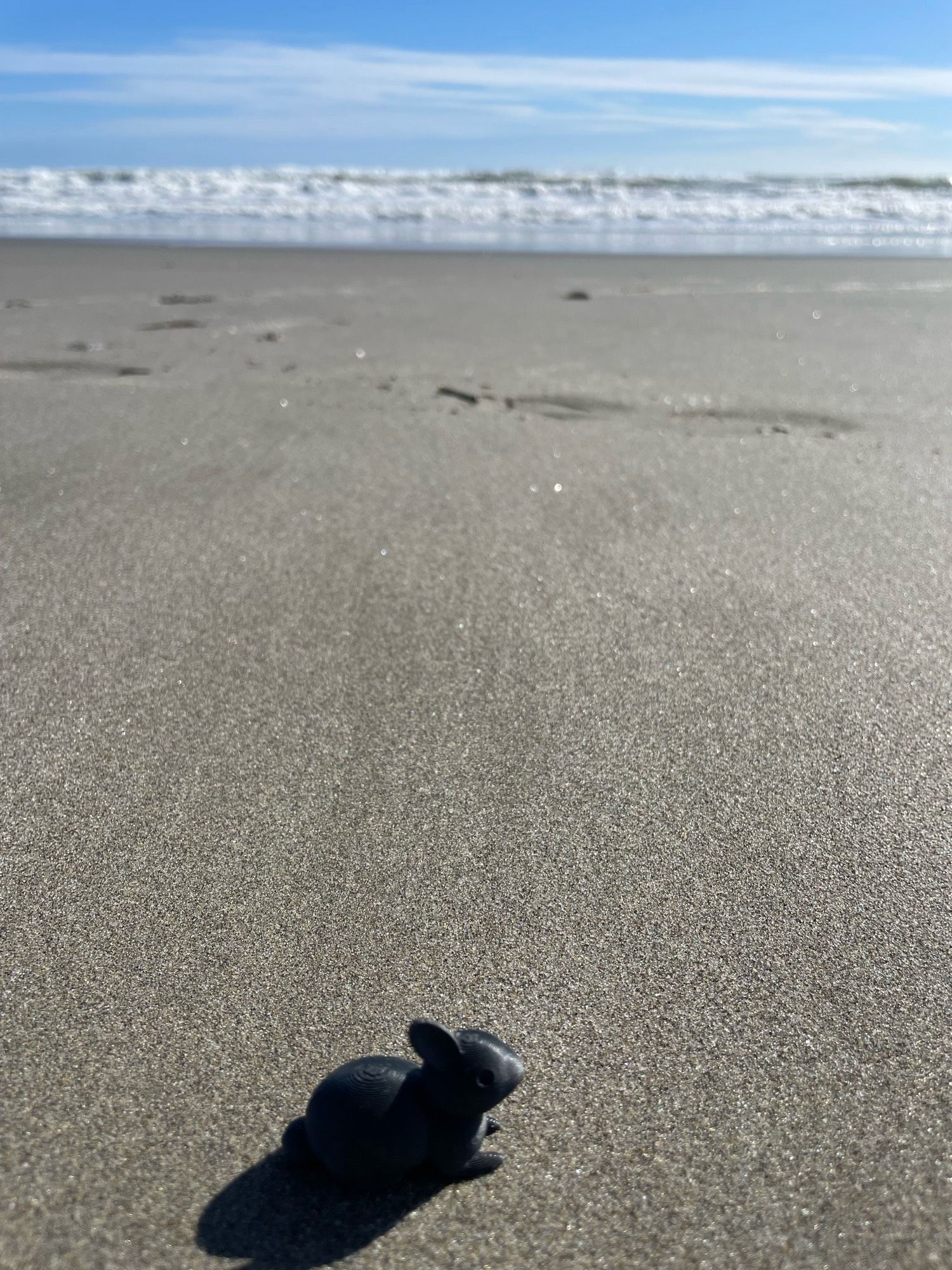 Im Vordergrund sitzt ein kleiner 3DDruck-Hase mit einem Ohr und wirft einen Schatten. Feiner nasser Sand geht über in das Meer. Der Hintergrund wird immer verschwommener.