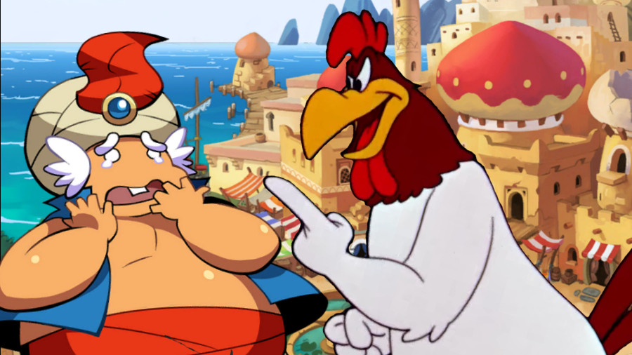 An edited image of Looney Tunes' Foghorn Leghorn in Scuttle Town from the Shantae series, holding up his finger while angrily scolding a terrified Mayor Scuttlebutt.