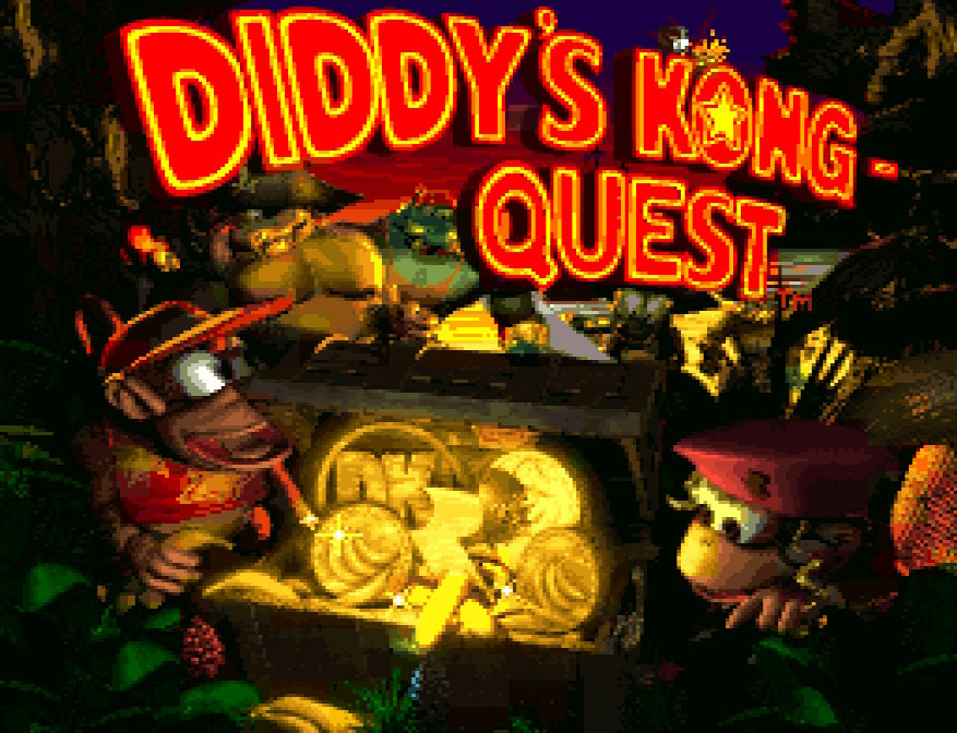 The title screen for Donkey Kong Country 2: Diddy's Kong Quest for the Super Nintendo.

Diddy Kong and Dixie Kong look inside a treasure chest filled with some of the collectables in the game, along with a golden Rare logo. Several Kremlings approach the duo from behind.