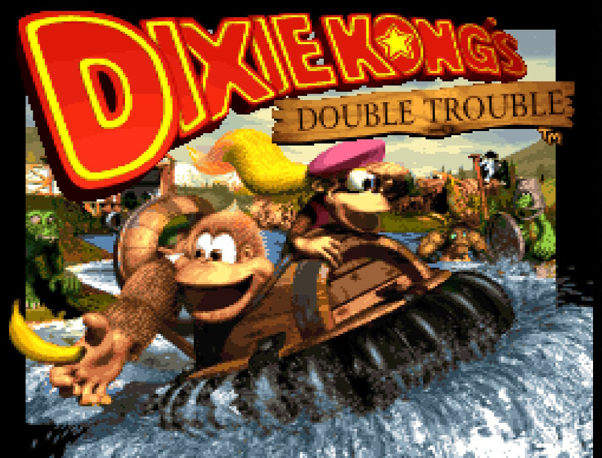 The title screen for Donkey Kong Country 3: Dixie Kong's Double Trouble for the Super Nintendo.

Dixie Kong and Kiddy Kong ride the Hover Craft through the waters of the Northern Kremisphere, the former looking around, and the latter reaching for a lone banana. Funky's Rentals, as well as several Kremlings, can be seen in the background.