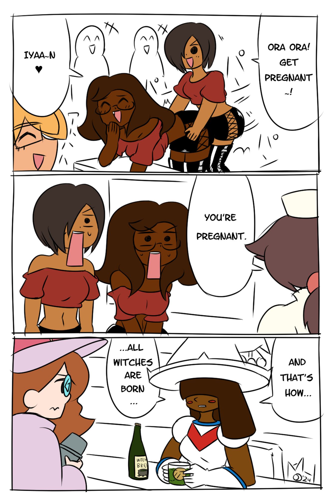 The Spicy Ora Ora-gins of Witches - A redrawn version of kyouen2's viral "Sad Past" webcomic (more popularly known as "Ora Ora Get Pregnant" / "And That's How I Was Born") featuring mine and Fernal-Red's OCs.
Panel 1, left to right: Sunny, Betty, Chili
Panel 2, left to right: Betty, Chili, Mocha
Panel 3: Elixy, Wiola