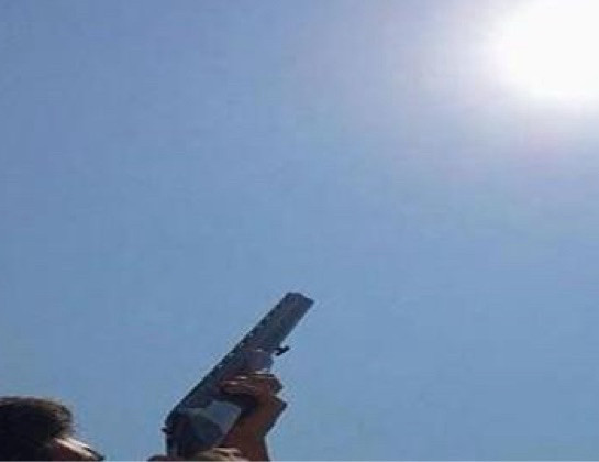 Hands pointing a rifle at the sun