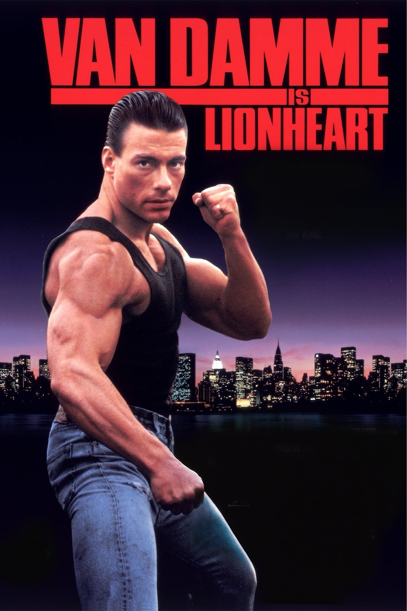 Movie poster for Lionheart, poster shows van damme with his fists, one raised, in a fight stance with city in the background