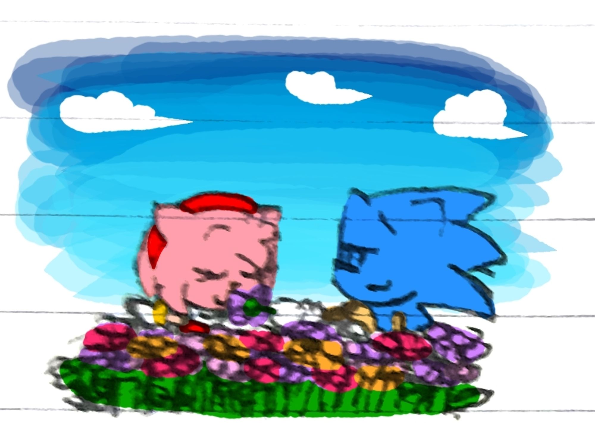 Spring:

Sonic and Amy visiting a flower bed. Sonic is giving Amy a purple flower to smell.