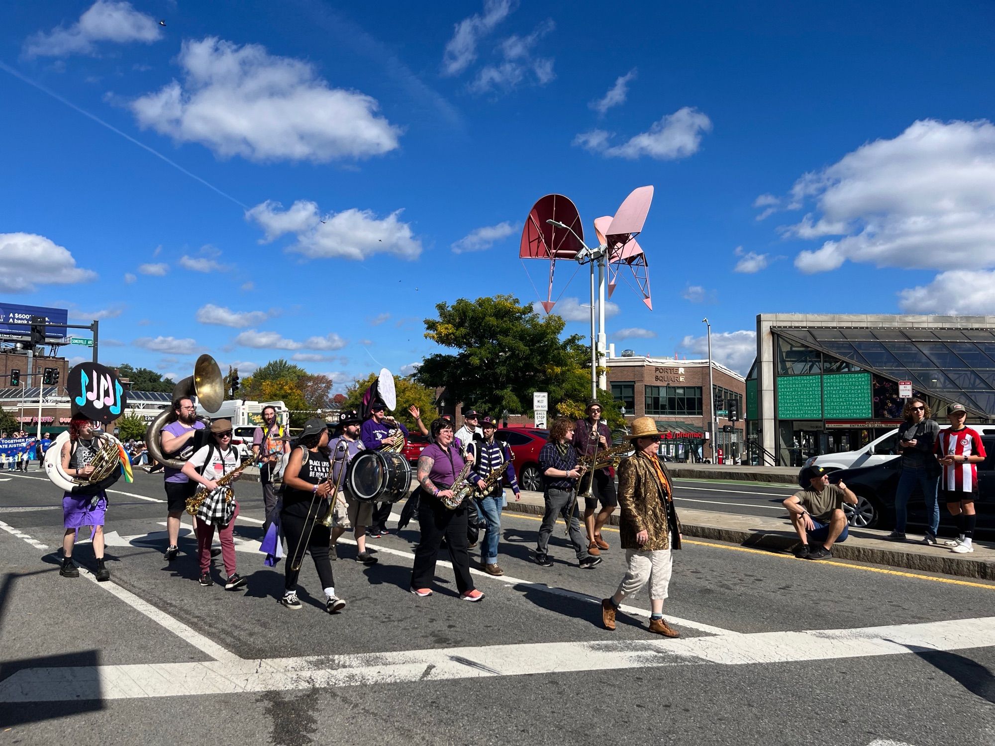 Activist brass band at Honk fest, Cambridge/Somerville.