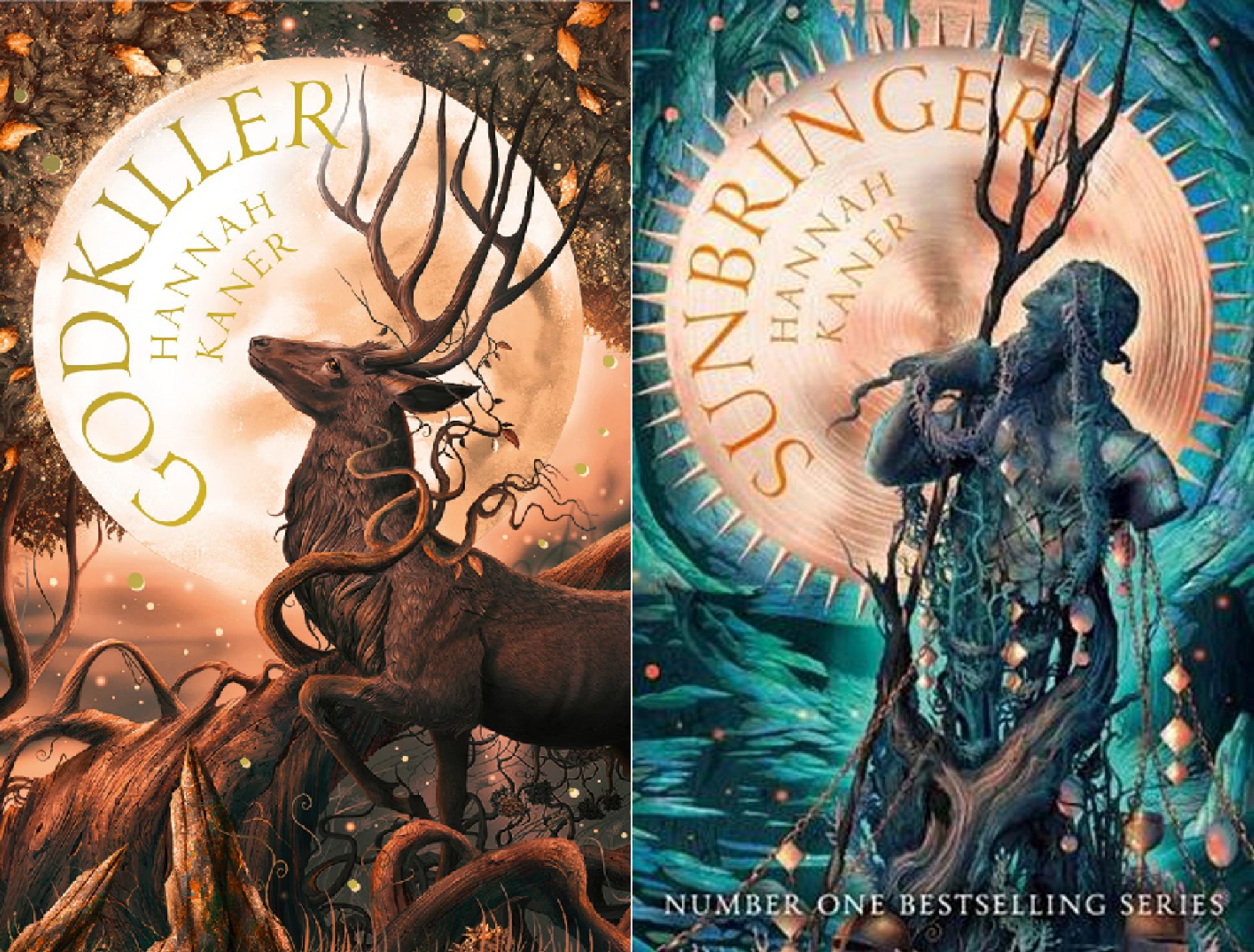 Book covers for Godkiller and Sunbringer by Hannah Kaner. Godkiller is done in orange and brown colors with a stag. Sunbringer has blues and greens against an orange sun with a sea god statue.