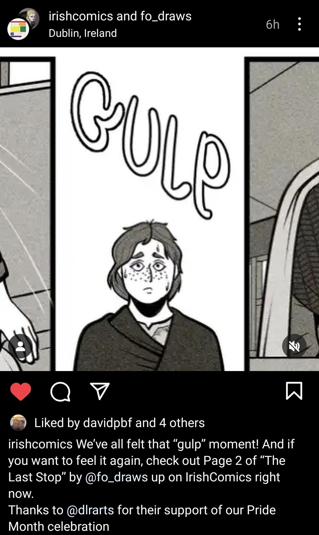 A screenshot of the IrishComics.ie instagram, where they have shared a panel of the second page of Finn's new comic. The description says "We've all felt that 'gulp' moment! And if you want to feel it again, check out Page 2 of The Last Stop by fo_draws up on IrishComics right now!"