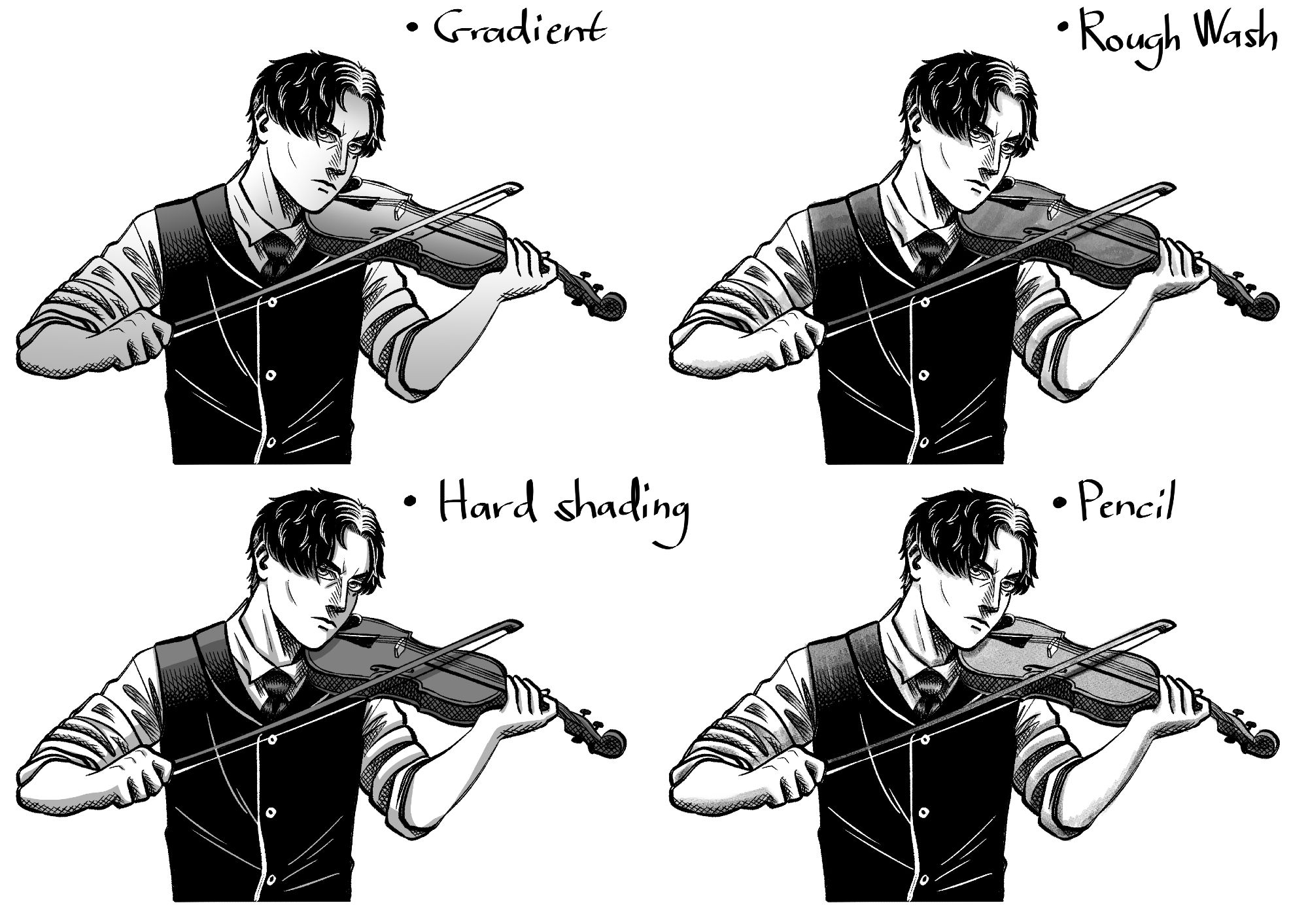 Four digital drawings, but each having a different way of shading/colouring. These methods are underneath the cross-hatching inks. Clockwise we have gradient, rough wash, hard shading, and pencil.